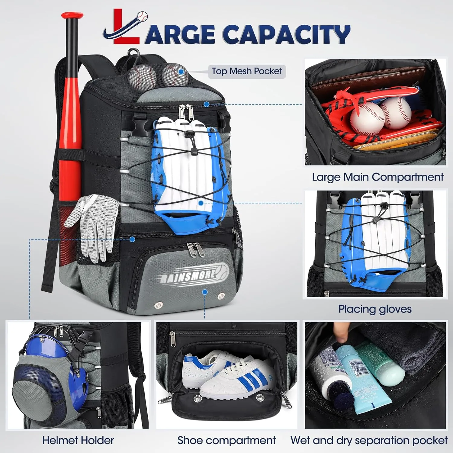RAINSMORE Baseball Bag for Youth & Adult Lightweight Softball Bat Bag with Shoe Compartment, External Helmet Holder and Fence Hook Waterproof Baseball Backpack Hold T-Ball, Bat and Softball Equipment