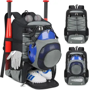 RAINSMORE Baseball Bag for Youth & Adult Lightweight Softball Bat Bag with Shoe Compartment, External Helmet Holder and Fence Hook Waterproof Baseball Backpack Hold T-Ball, Bat and Softball Equipment