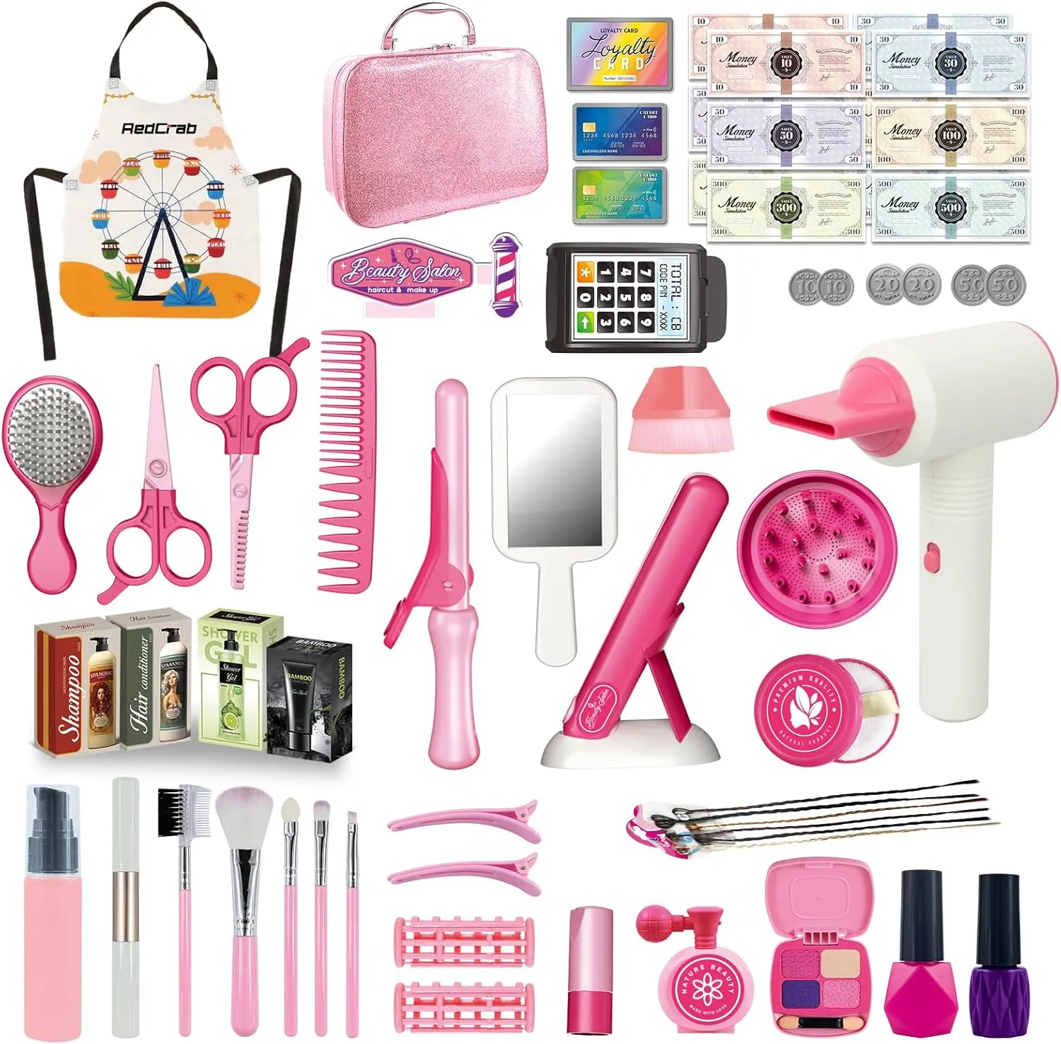 RedCrab Kids Beauty Salon Toy Set, Girls Salon Hair Stylist Pretend Makeup Kit Includes Kids Hair Dryer, Comb, Makeup Bag and Other Accessories, 3-8 Years Ideal Gift for Children