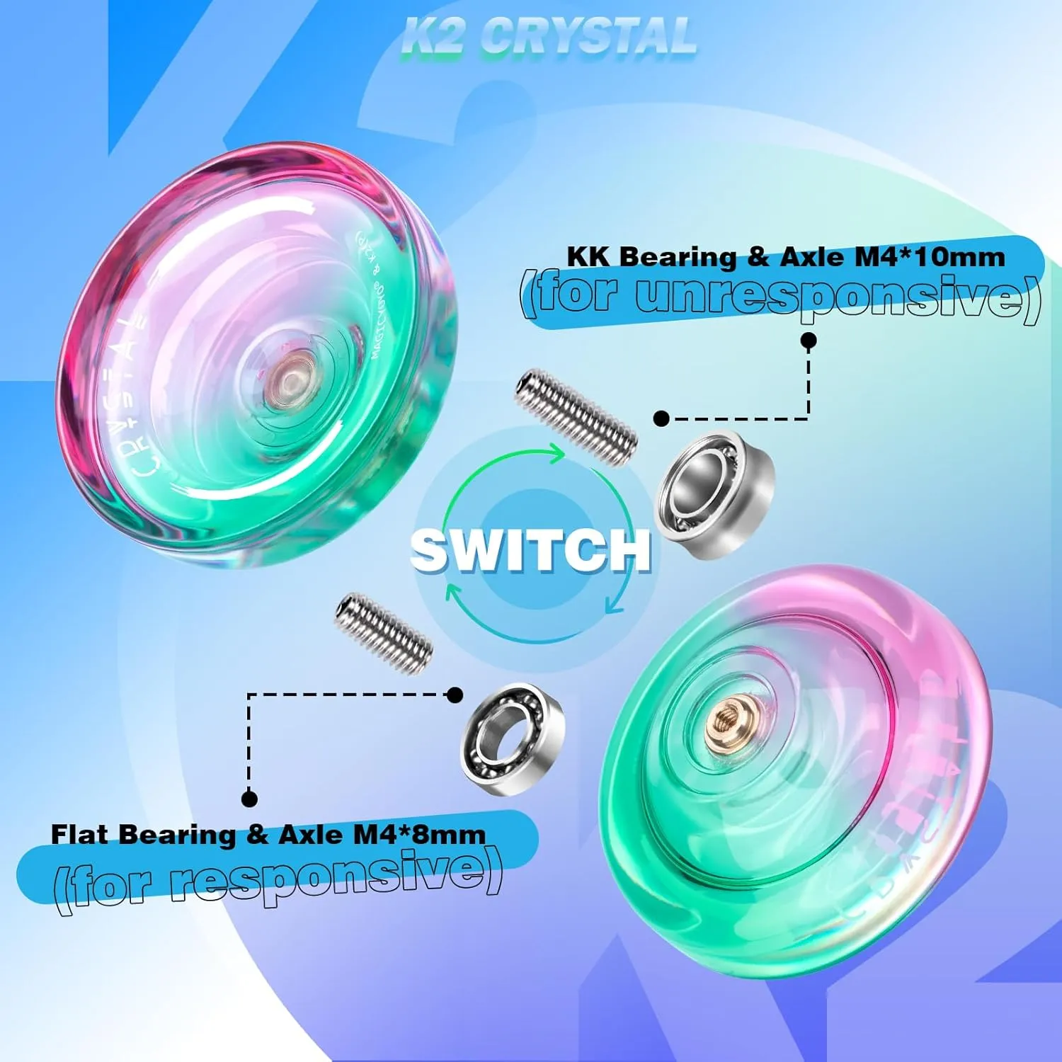 Responsive Yoyo K2 Crystal, Plastic Yoyo Kids Beginners，Dual Purpose Yo-Yo Replacement Unresponsive Yoyo Bearing w/ 12 Yoyo Strings   Yoyo Case Bag   Removal Bearing Tool（Green Pink Gradient）