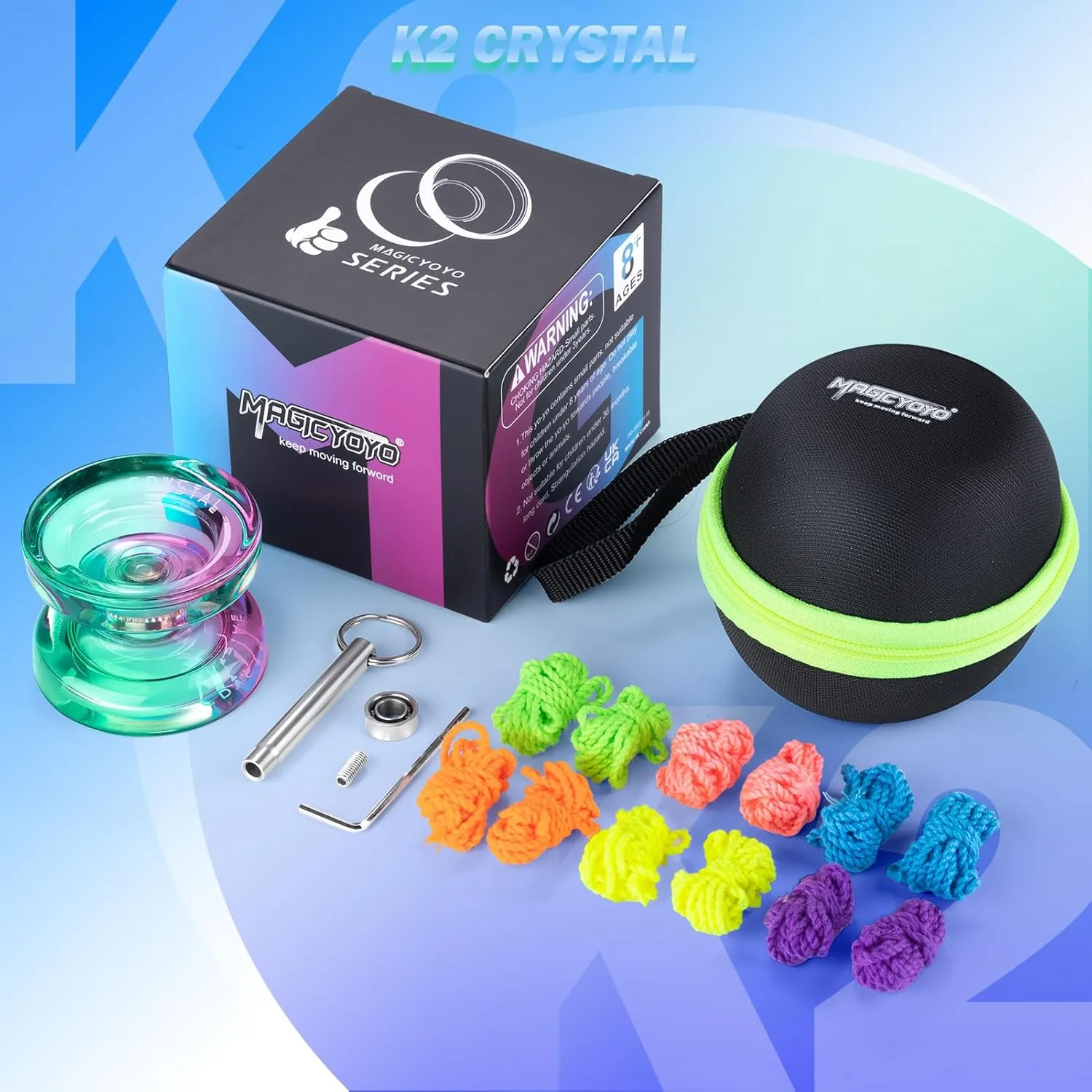 Responsive Yoyo K2 Crystal, Plastic Yoyo Kids Beginners，Dual Purpose Yo-Yo Replacement Unresponsive Yoyo Bearing w/ 12 Yoyo Strings   Yoyo Case Bag   Removal Bearing Tool（Green Pink Gradient）