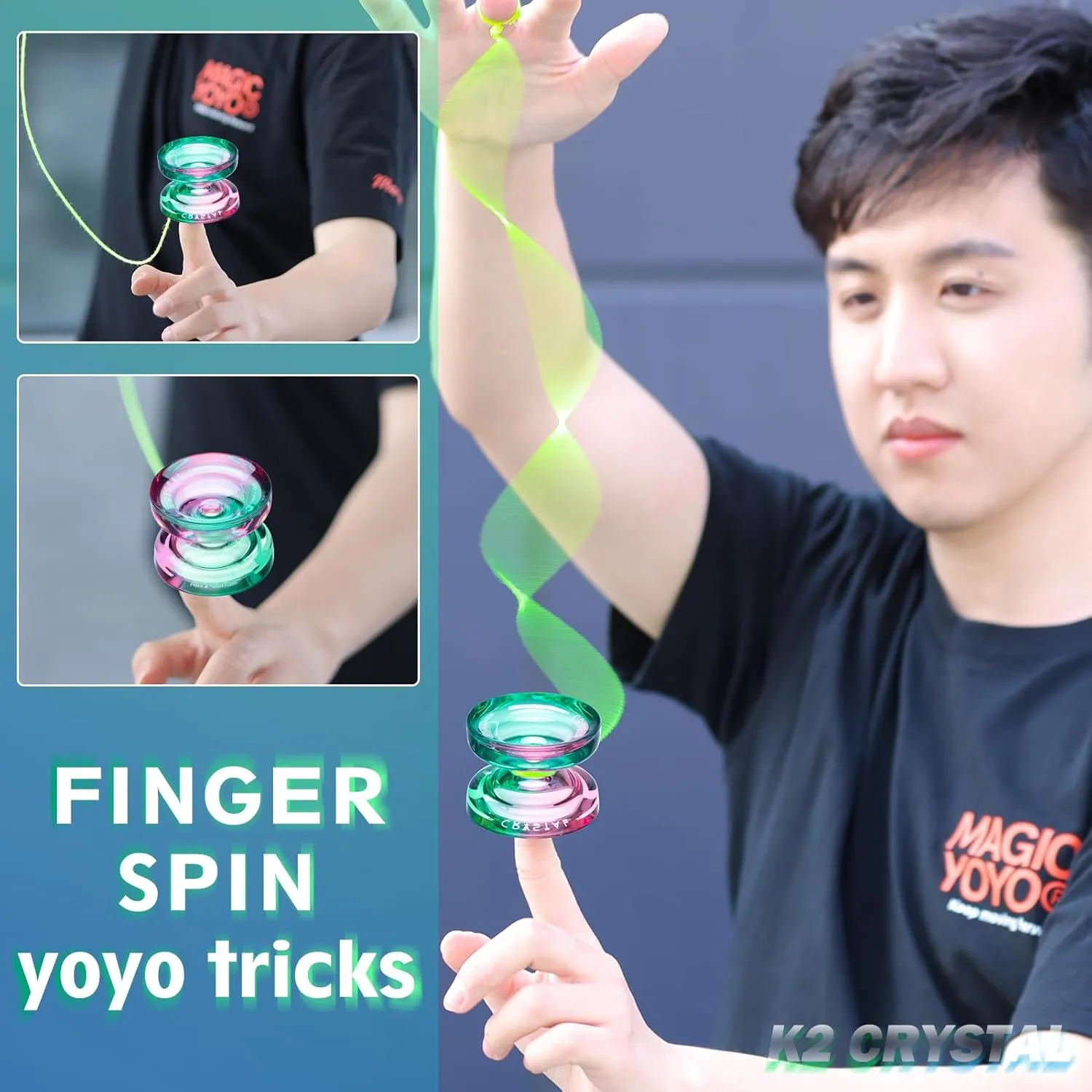 Responsive Yoyo K2 Crystal, Plastic Yoyo Kids Beginners，Dual Purpose Yo-Yo Replacement Unresponsive Yoyo Bearing w/ 12 Yoyo Strings   Yoyo Case Bag   Removal Bearing Tool（Green Pink Gradient）