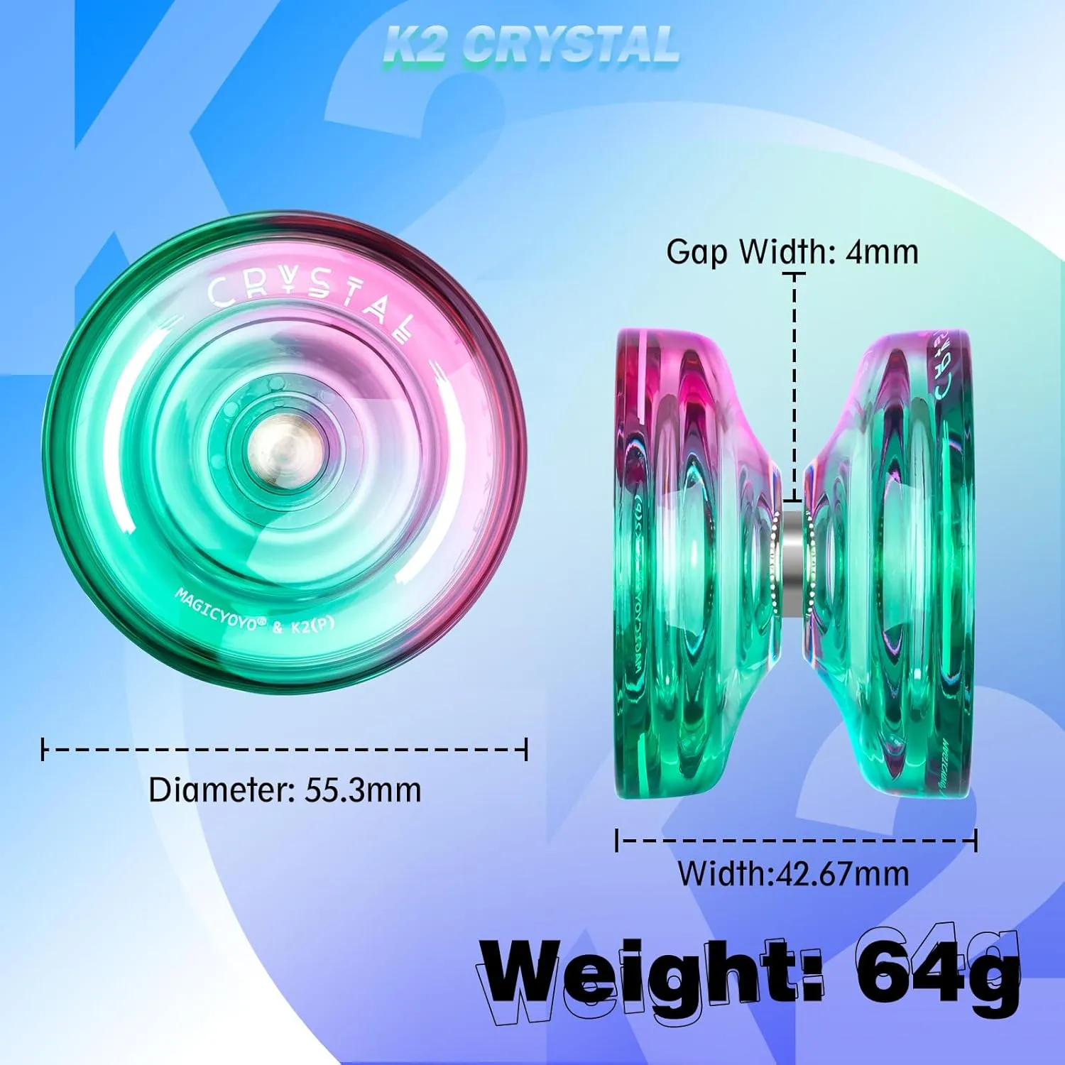 Responsive Yoyo K2 Crystal, Plastic Yoyo Kids Beginners，Dual Purpose Yo-Yo Replacement Unresponsive Yoyo Bearing w/ 12 Yoyo Strings   Yoyo Case Bag   Removal Bearing Tool（Green Pink Gradient）