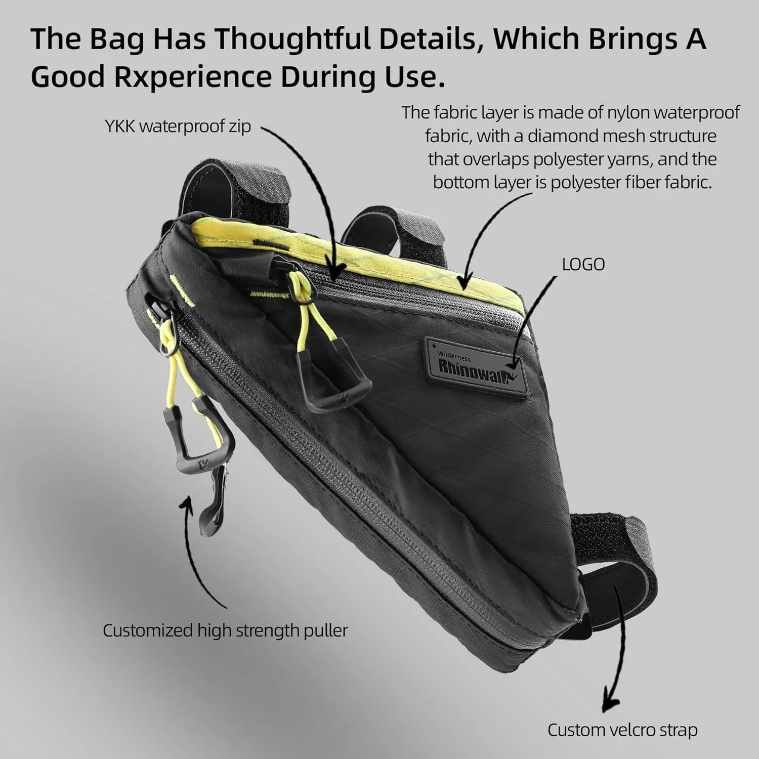 Rhinowalk Bike Frame Triangle Bag, Waterproof Compact Storage Bag with YKK Zippers, Multi-Pocket Design, Doesn’t Rub Legs – 0.9L, Black Yellow