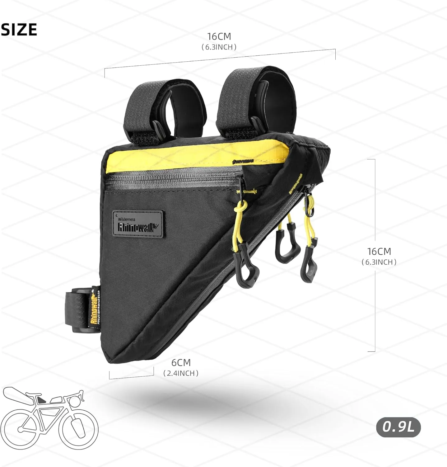 Rhinowalk Bike Frame Triangle Bag, Waterproof Compact Storage Bag with YKK Zippers, Multi-Pocket Design, Doesn’t Rub Legs – 0.9L, Black Yellow