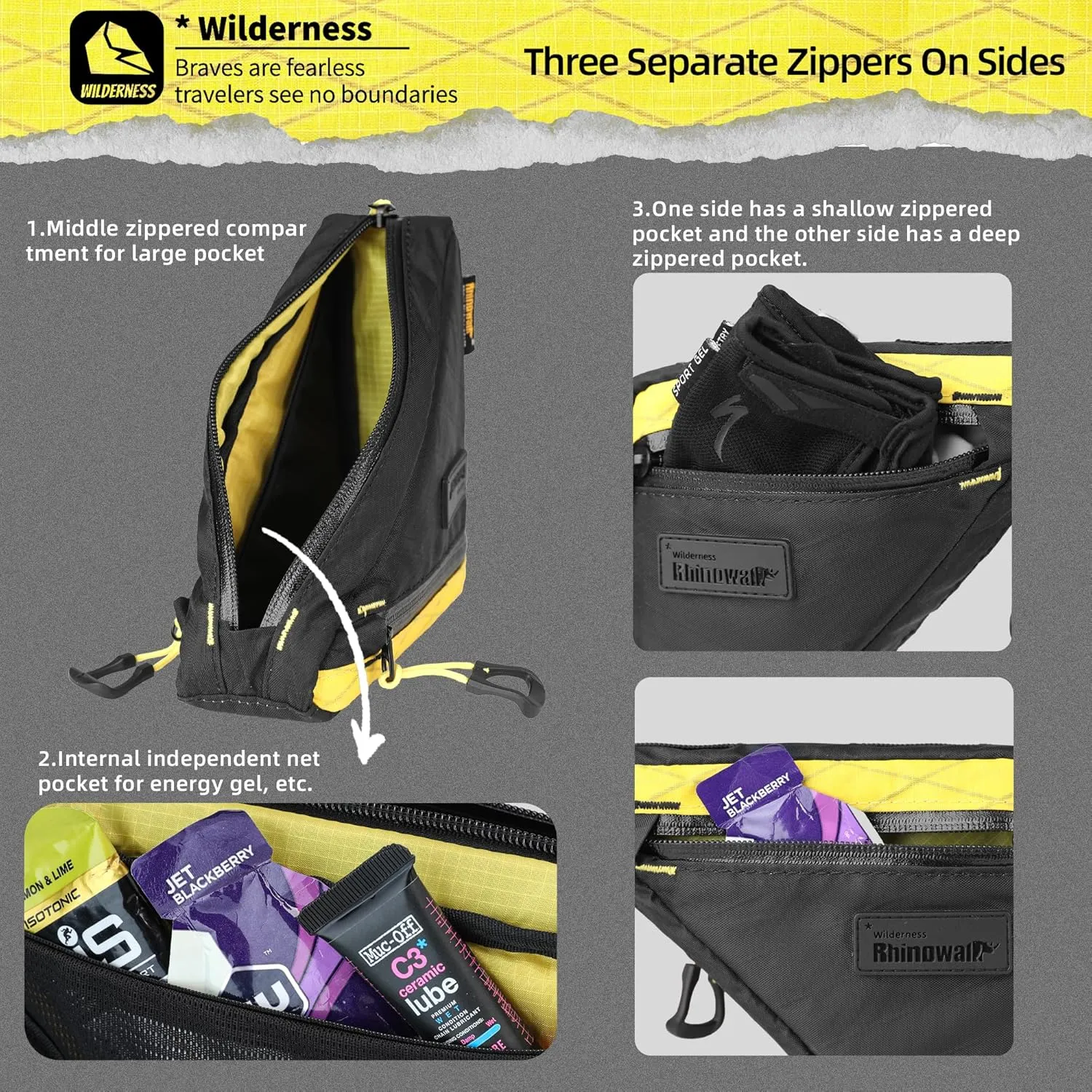 Rhinowalk Bike Frame Triangle Bag, Waterproof Compact Storage Bag with YKK Zippers, Multi-Pocket Design, Doesn’t Rub Legs – 0.9L, Black Yellow