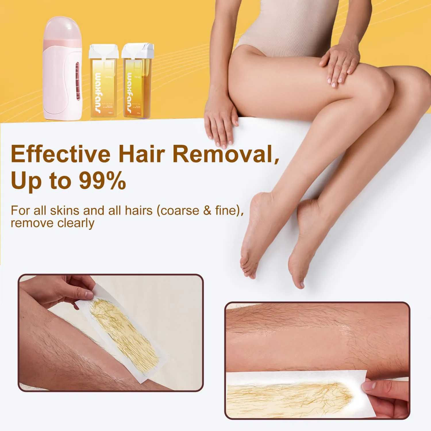 Roll On Wax Refill,Waxing Roller Refill for Hair Removal,100% Natural,Quick Melting - For Coarse and Fine Hairs.with 3.53 Ounce(Pack of 4) Honey Wax Rollers, 50 Strips (Honey)