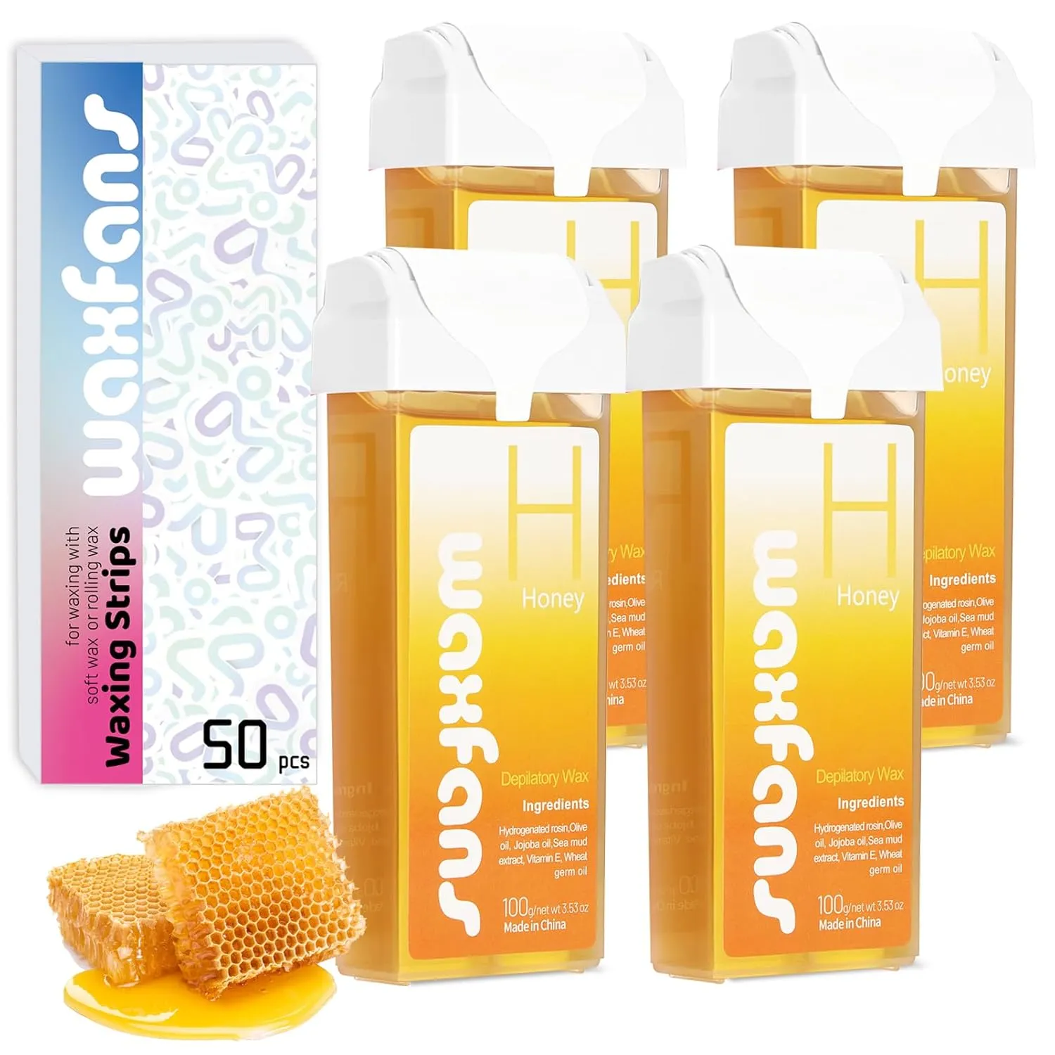 Roll On Wax Refill,Waxing Roller Refill for Hair Removal,100% Natural,Quick Melting - For Coarse and Fine Hairs.with 3.53 Ounce(Pack of 4) Honey Wax Rollers, 50 Strips (Honey)