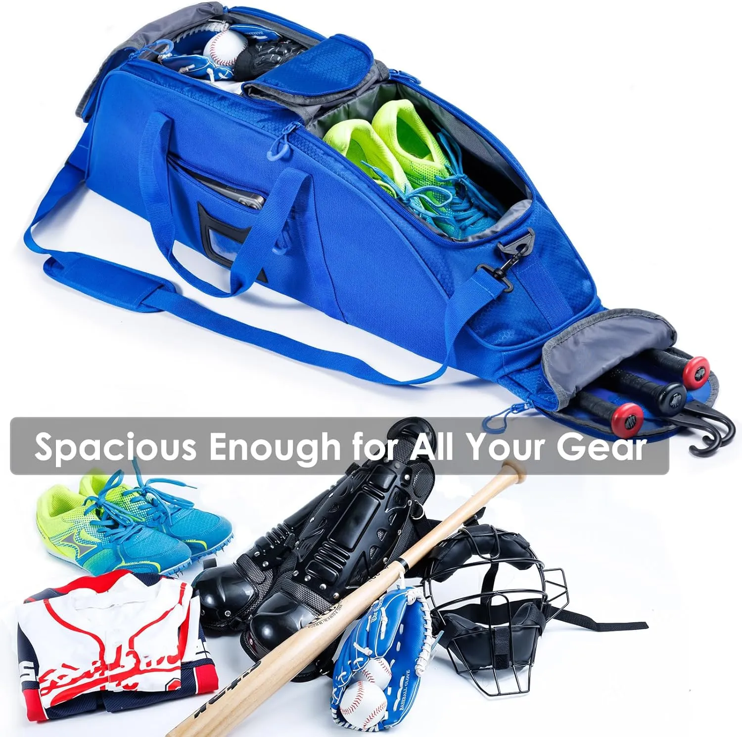 Rolling Baseball Bag With Wheels, Seperate Shoe Compartment and Fence Hook - Large Softball Bag for T-Ball - Team Equipment Duffle Bag - Catcher Gear Bag for Boys 8-12, Youth, Adults