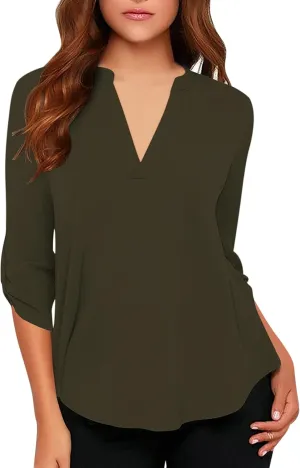 roswear Women's Business Casual V Neck Cuffed Sleeves Work Blouse Top
