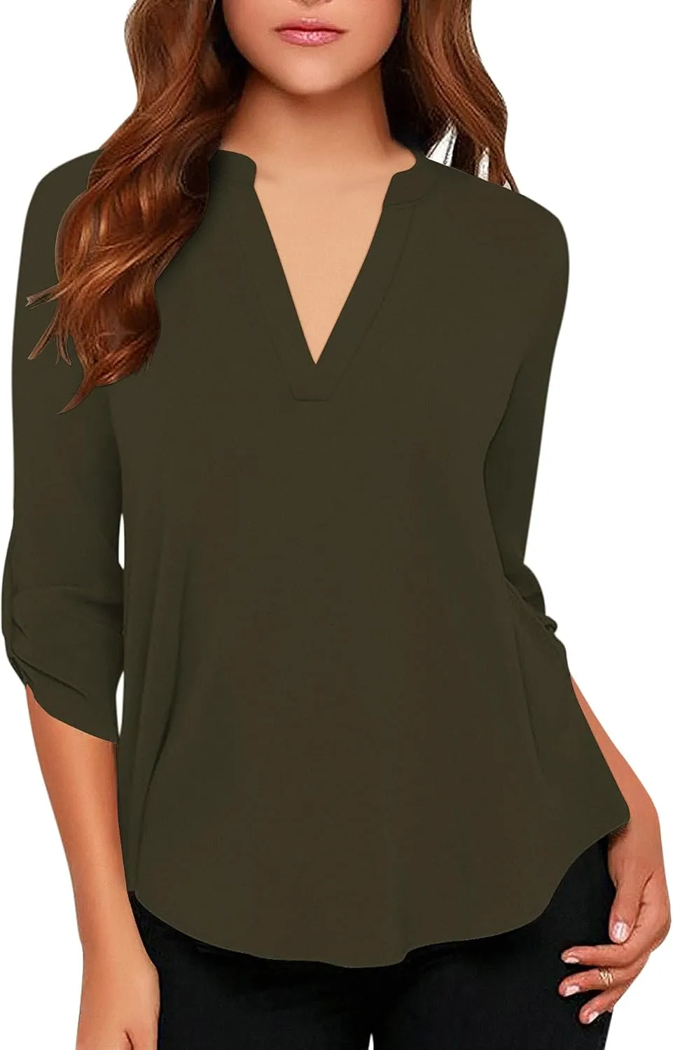 roswear Women's Business Casual V Neck Cuffed Sleeves Work Blouse Top
