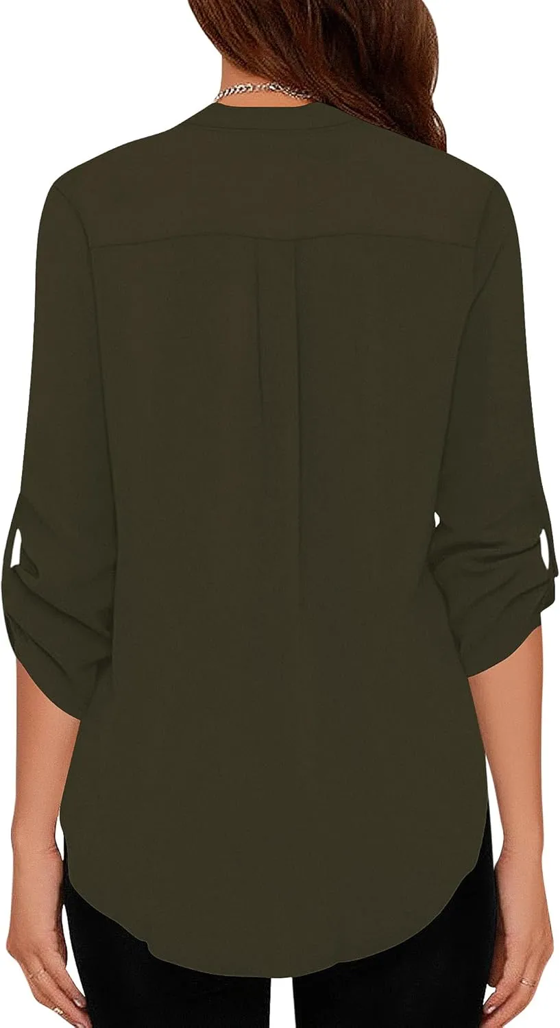 roswear Women's Business Casual V Neck Cuffed Sleeves Work Blouse Top