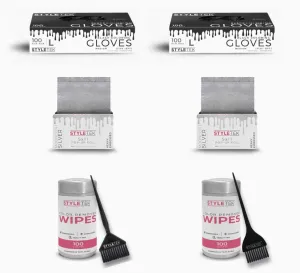SALON KIT, 8 Piece Set, 2 Boxes (200CT) Black Gloves, 2 Boxes Pop-Up Foils (1000CT), 2 Boxes Color Remover Wipes (200CT), 1 Wide Coloring Brush, 1 Classic Coloring Brush (LARGE)