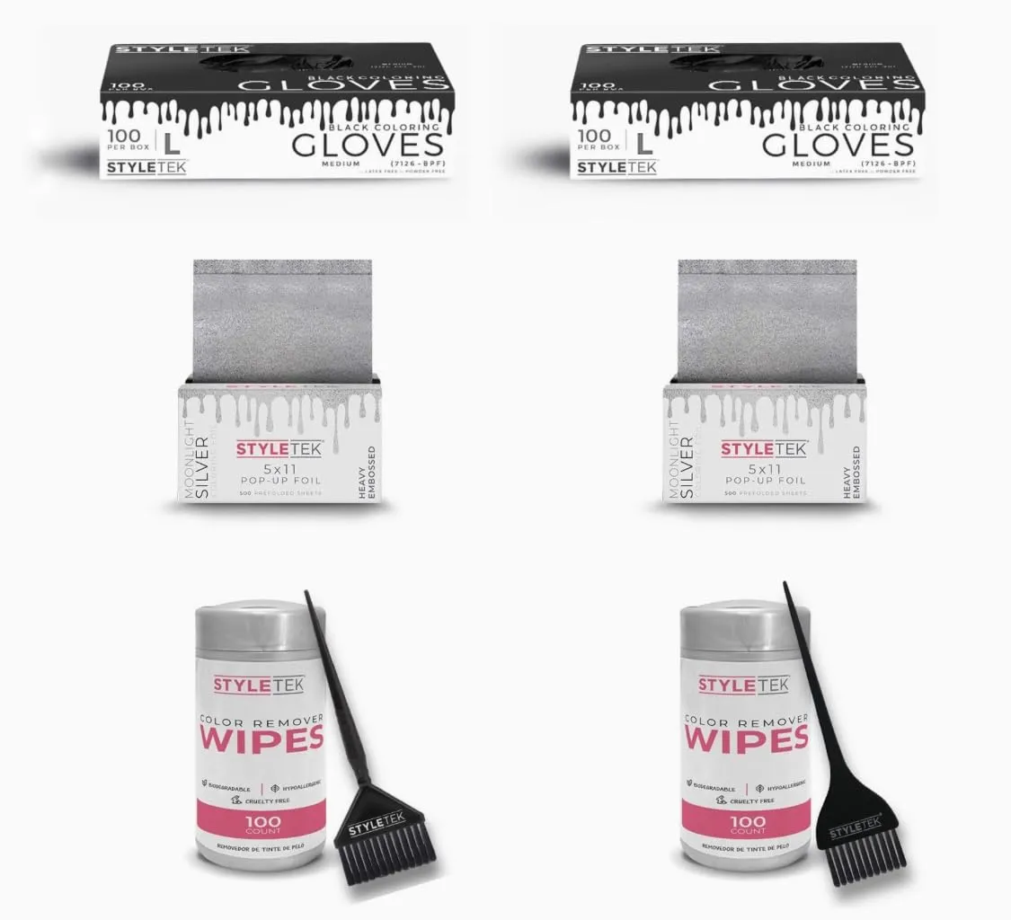 SALON KIT, 8 Piece Set, 2 Boxes (200CT) Black Gloves, 2 Boxes Pop-Up Foils (1000CT), 2 Boxes Color Remover Wipes (200CT), 1 Wide Coloring Brush, 1 Classic Coloring Brush (LARGE)