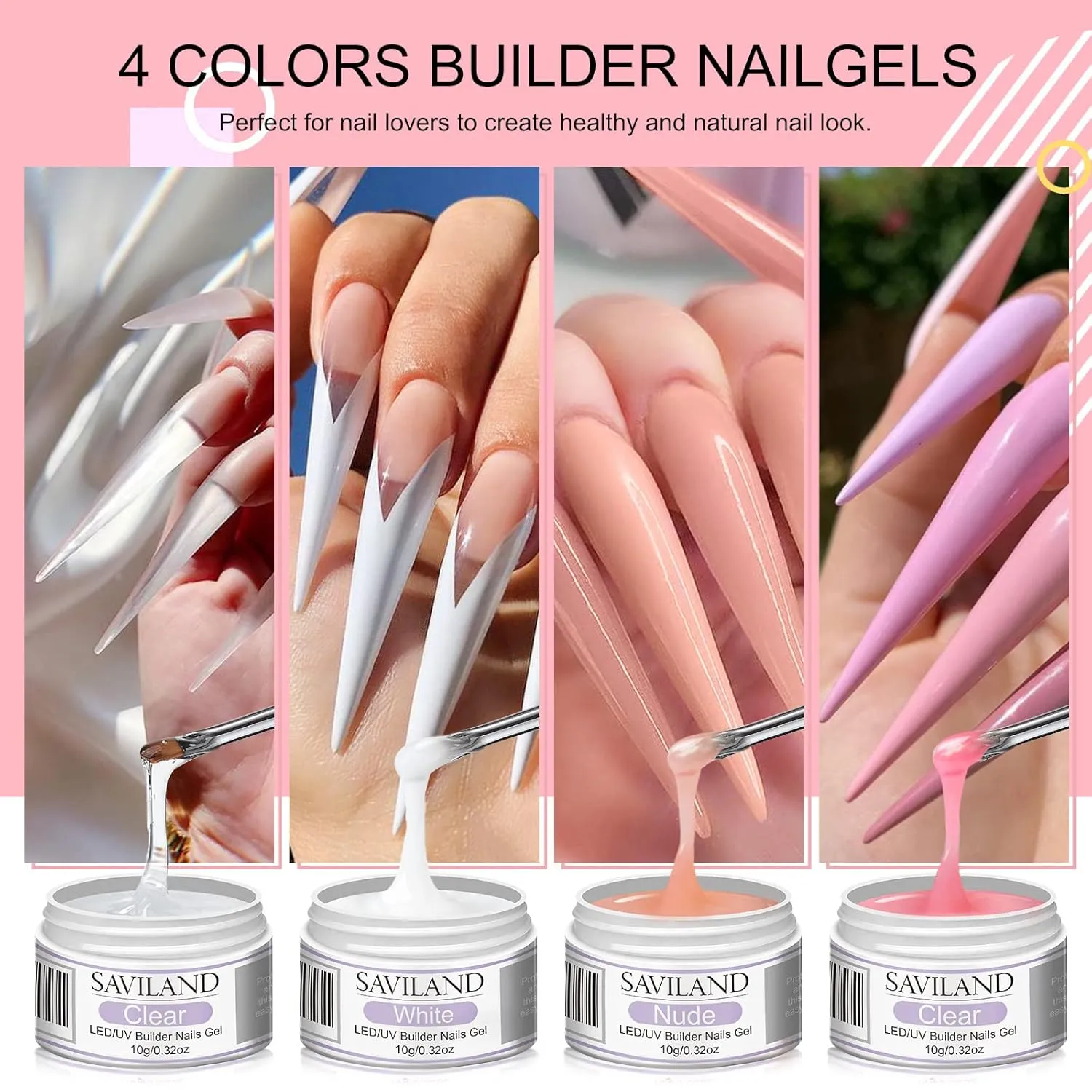Saviland Builder Nail Gels Kit - 4 Colors Clear Nudes White Pink Hard Gel for Nail Strengthen Nail Extension Gel Kit with 100PCS Nail Forms and Acrylic Nail Brush for Beginners DIY at Home