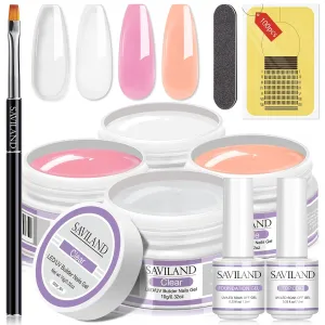 Saviland Builder Nail Gels Kit - 4 Colors Clear Nudes White Pink Hard Gel for Nail Strengthen Nail Extension Gel Kit with 100PCS Nail Forms and Acrylic Nail Brush for Beginners DIY at Home