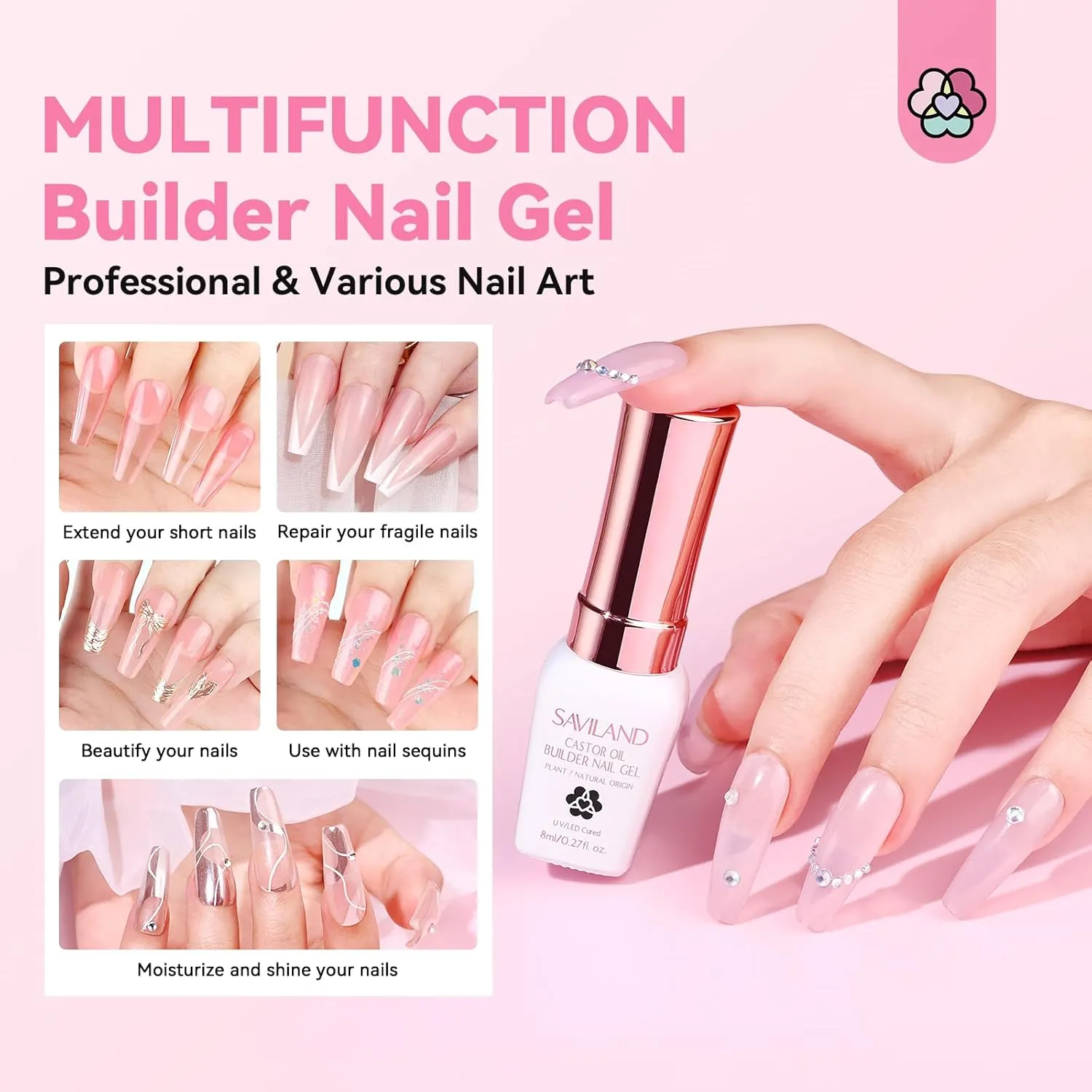 SAVILAND Gel Builder Set: 12 Translucent Colors Castor Oil Builder in a Bottle Vitamin E Hard Gel for Nails Extension Strengthener as Gifts for Women Home DIY Salon Nail Care Repair