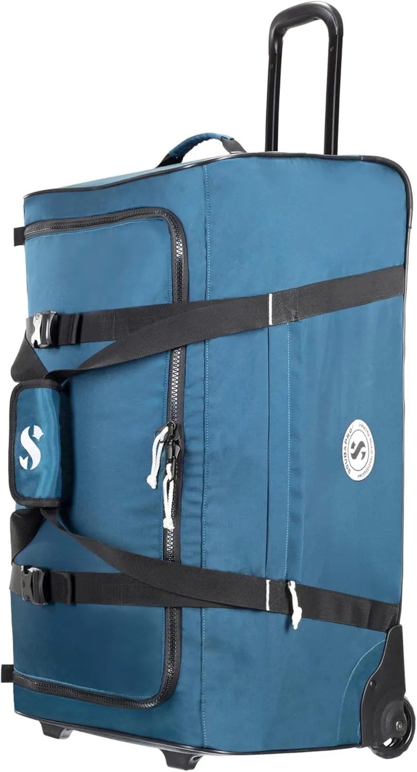 SCUBAPRO Sport 105 Wheeled Dive Bag with Telescopic Double-Bar Tow Handle, Carry Handles and Double Duffel Straps for Scuba Diving Gear, Denim Blue Color Fabric