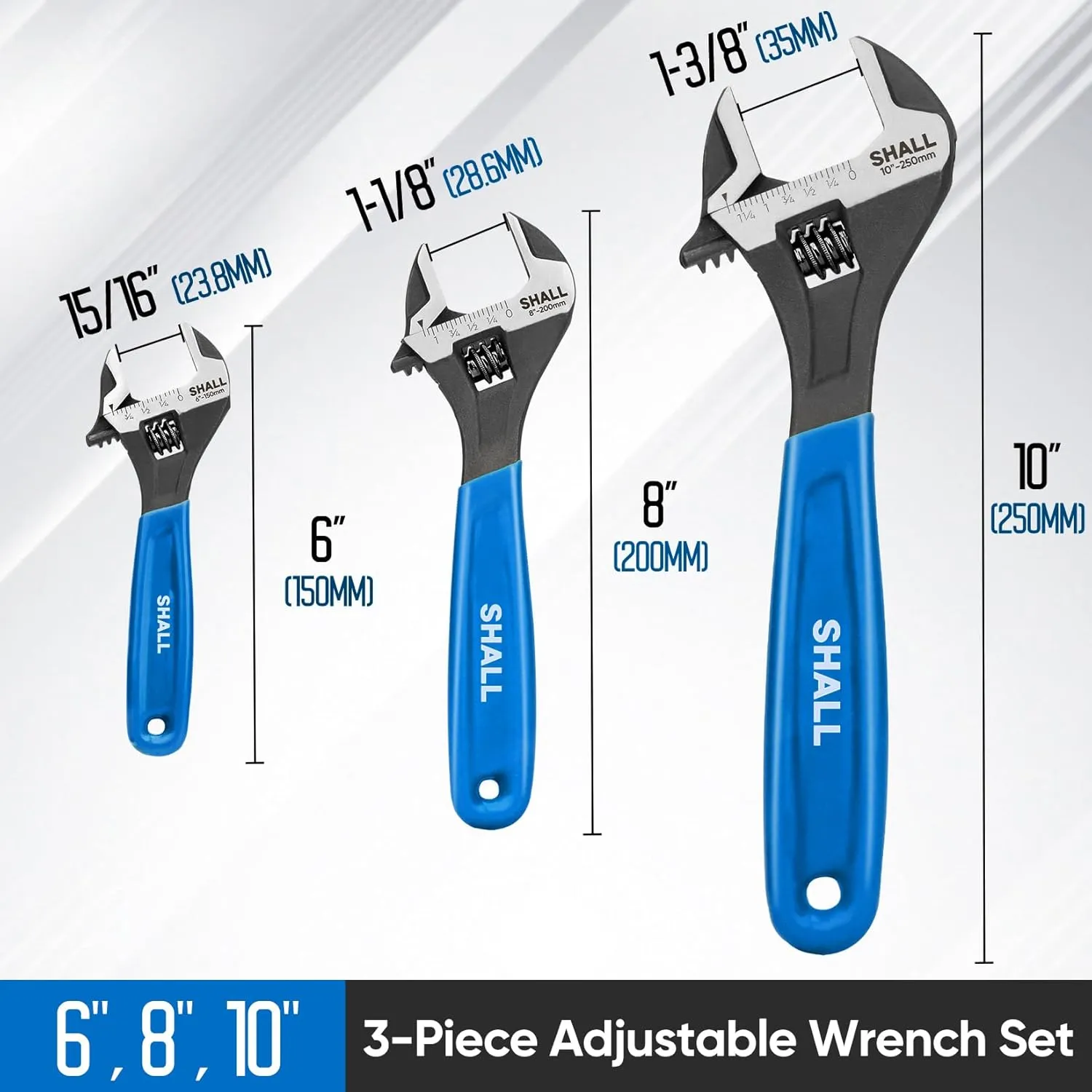 SHALL 3-Piece Adjustable Wrench Set, 10/8/6 Inch Cr-V Steel Wrench with Cushion Grip, Wide Jaw Black Oxide Wrench with Laser-etched SAE Scales for Home, Garage, Workshop and DIY, Dark Blue