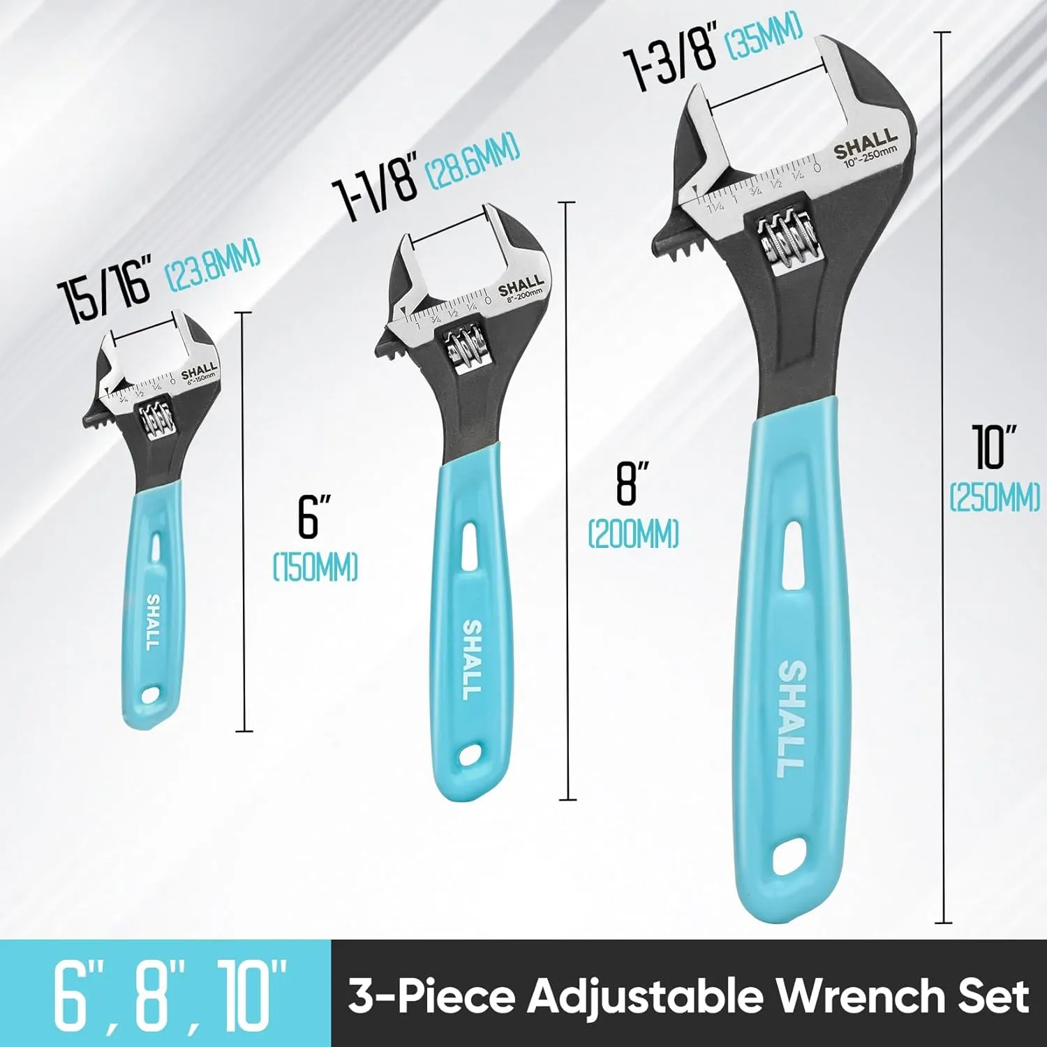 SHALL 3-Piece Adjustable Wrench Set, 10/8/6 Inch Cr-V Steel Wrench with Cushion Grip, Wide Jaw Black Oxide Wrench with Laser-etched SAE Scales for Home, Garage, Workshop and DIY