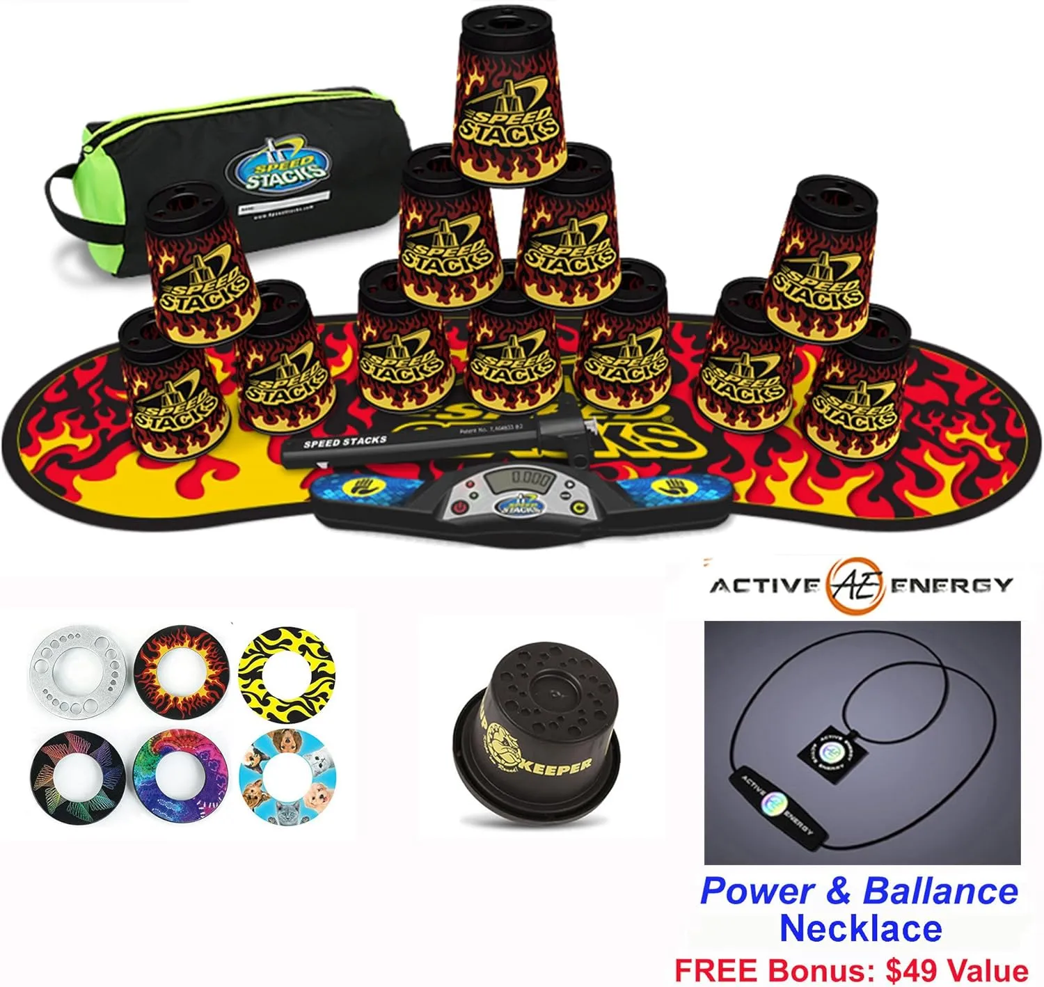 Speed Stacks Combo Set 'The Works: 12 Black Flame 4" Cups & Gen 3 Mat, G4 Pro Timer, Cup Keeper, Stem, Gear Bag   Active Energy Necklace