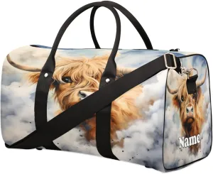 Sports Gym Duffel Bag Customized Name for Women & Men, Cattle Watercolor Animals Waterproof Tote Beach Bag Foldable Personal Item Travel Bag for Weekender Overnight Dance Carry-On Bag