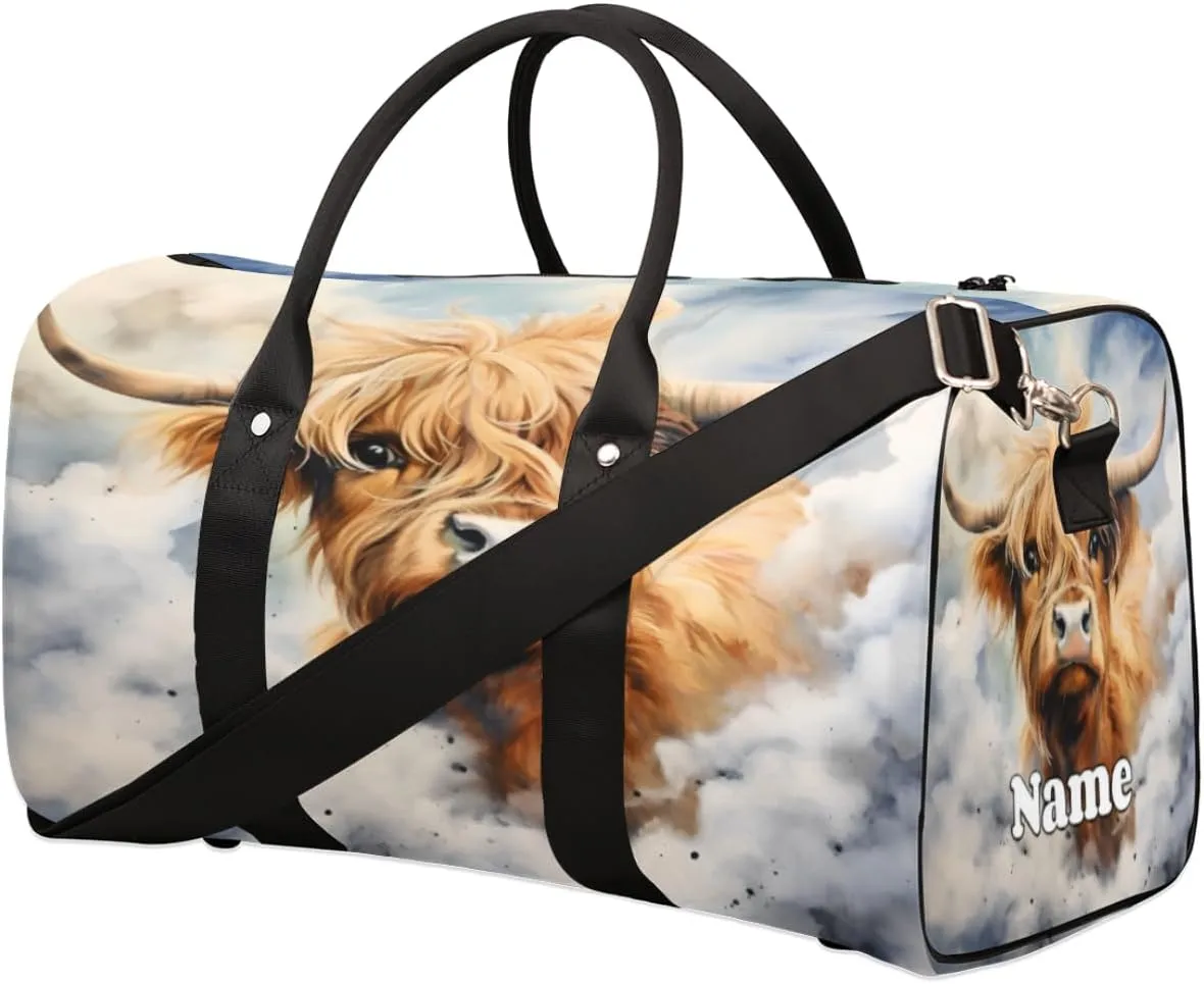 Sports Gym Duffel Bag Customized Name for Women & Men, Cattle Watercolor Animals Waterproof Tote Beach Bag Foldable Personal Item Travel Bag for Weekender Overnight Dance Carry-On Bag