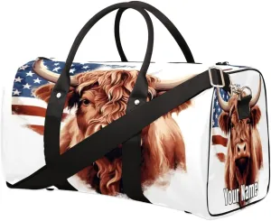 Sports Tote Gym Duffel Bag Animal Cattle Usa American Flag Customized Name for Women & Men,Waterproof Baseball Bag Foldable Personal Item Travel Bag for Weekender Overnight Dance Carry-On Bag