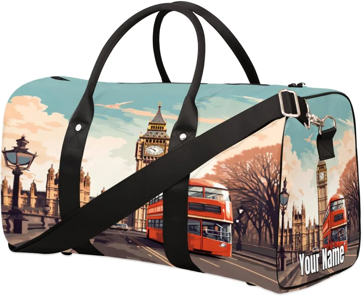 Sports Tote Gym Duffel Bag London Street Car Tree Customized Name for Women & Men,Waterproof Baseball Bag Foldable Personal Item Travel Bag for Weekender Overnight Dance Carry-On Bag