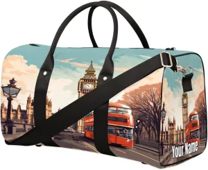 Sports Tote Gym Duffel Bag London Street Car Tree Customized Name for Women & Men,Waterproof Baseball Bag Foldable Personal Item Travel Bag for Weekender Overnight Dance Carry-On Bag
