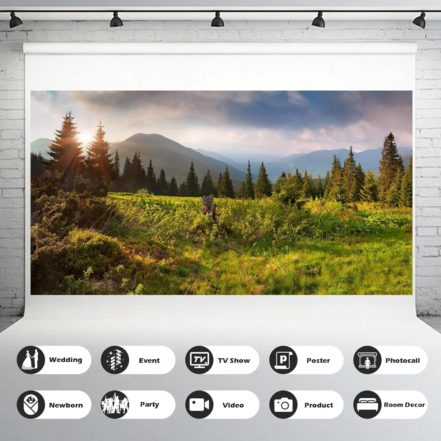 Spring Natural Scenery Background Mountains Trees Green Grass Jungle Photography Backdrop Sunshine Pine Tree Photography Background for Adults Portraits Photo Studio Decor 20x10ft