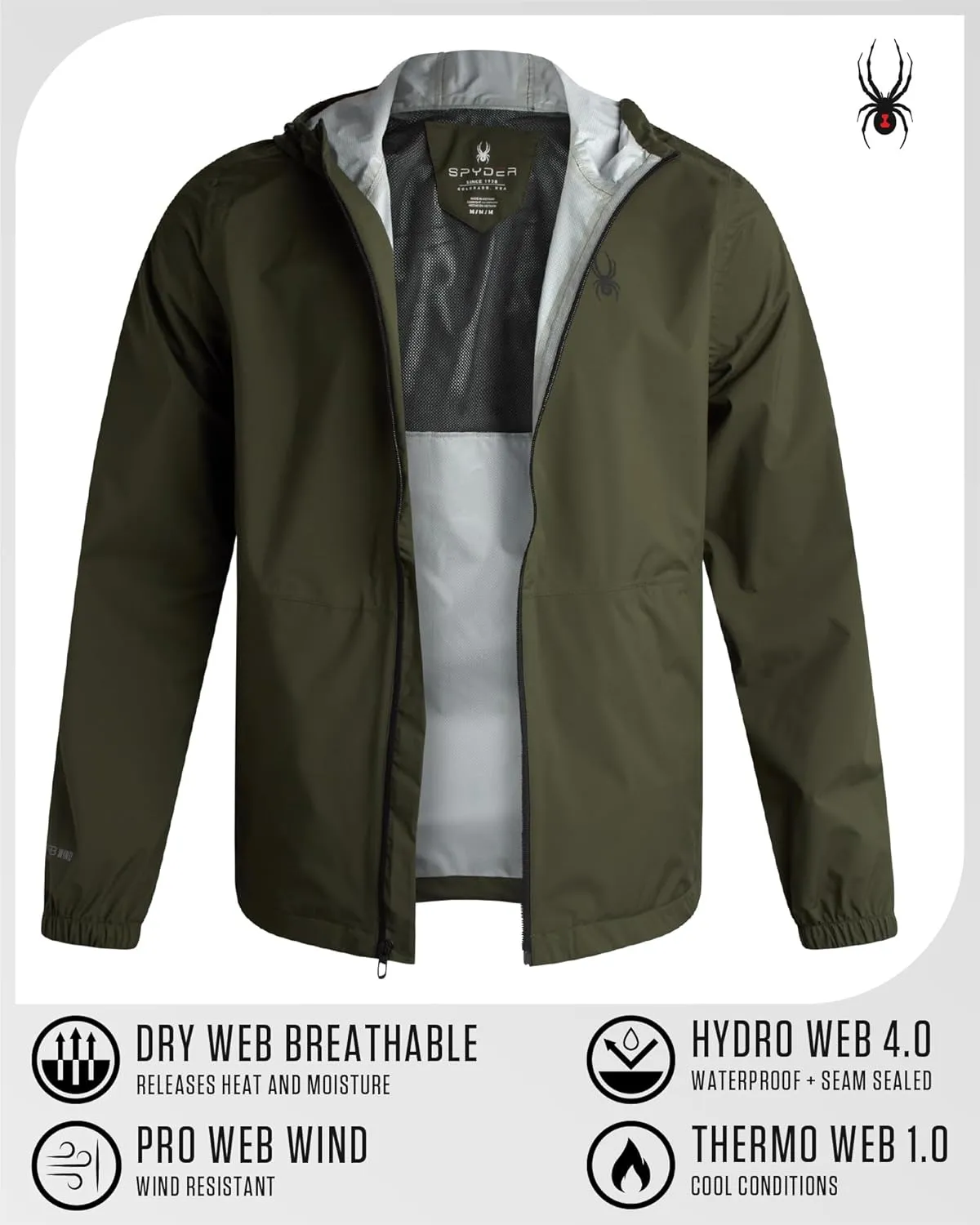 Spyder Mens Rain Jacket - Waterproof Lightweight Hooded Windbreaker, Outerwear Jacket for Golf, Hiking and Outdoor (S-XL)