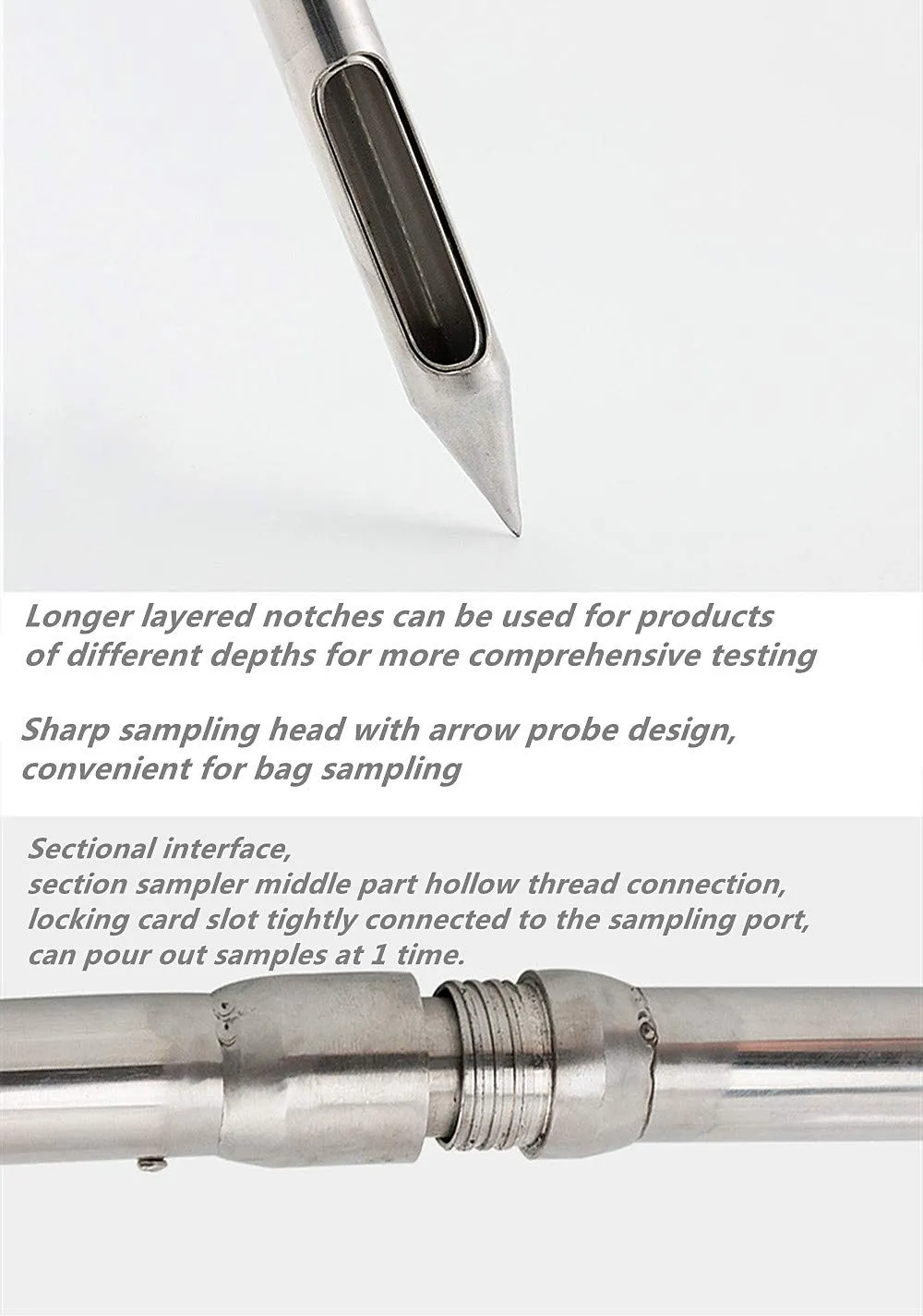 Stainless Steel Grains Powder Sampler Probe Rotary Handle Granule Solid Sack Bag Sampling Thief Double Tubes 3 Slots (Section Sampler, 32mmx 1.5m /1.3X 59inch)