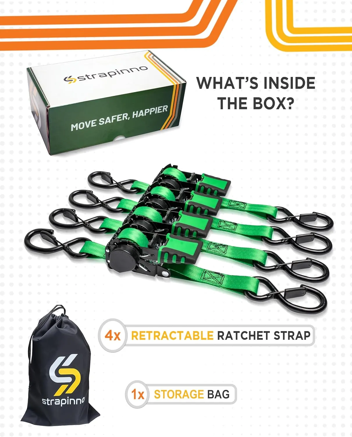 Strapinno 4pcs Retractable Ratchet Straps Bundle 1in x 6ft Ratchet Tie Down with Rubber Coated Steel Handle, S Hooks, Breaking Strength 1500 lbs Each (Green Strap, Black Coated)