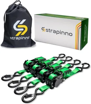 Strapinno 4pcs Retractable Ratchet Straps Bundle 1in x 6ft Ratchet Tie Down with Rubber Coated Steel Handle, S Hooks, Breaking Strength 1500 lbs Each (Green Strap, Black Coated)