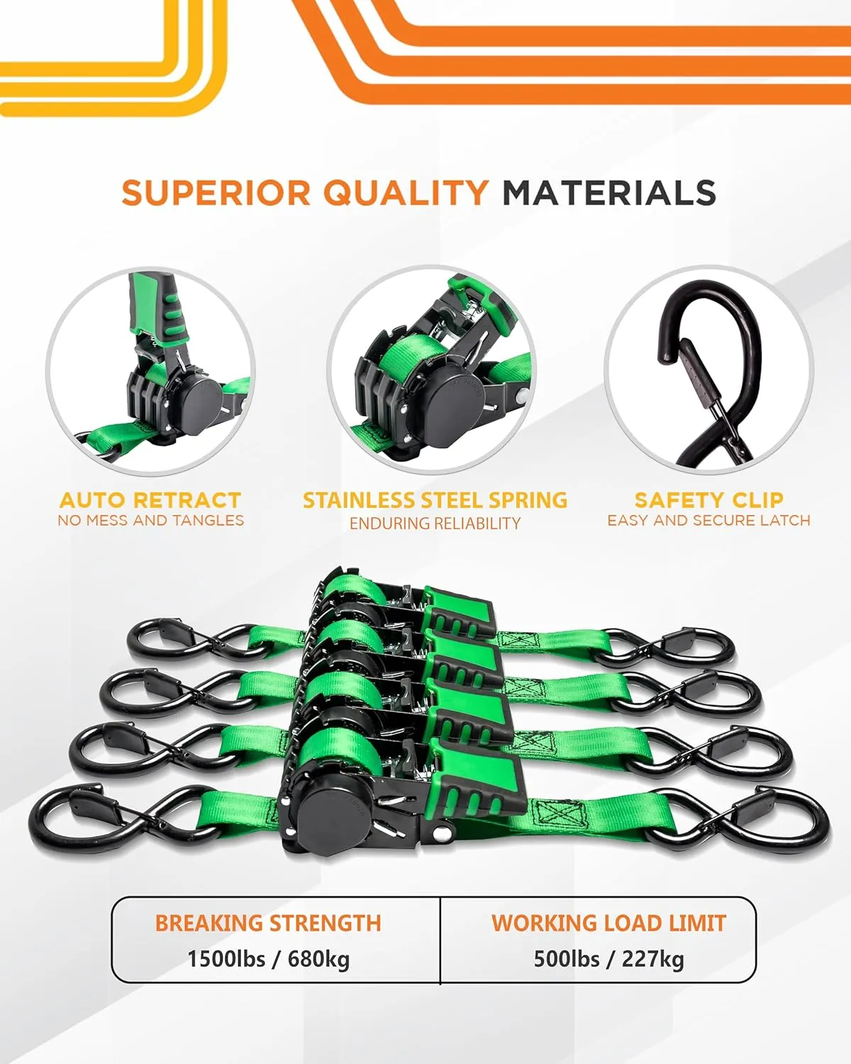 Strapinno 4pcs Retractable Ratchet Straps Bundle 1in x 6ft Ratchet Tie Down with Rubber Coated Steel Handle, S Hooks, Breaking Strength 1500 lbs Each (Green Strap, Black Coated)