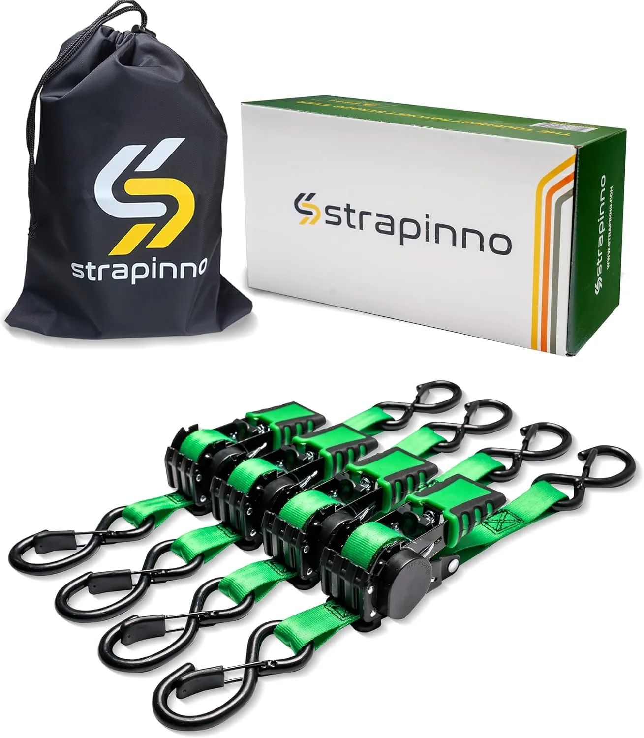Strapinno 4pcs Retractable Ratchet Straps Bundle 1in x 6ft Ratchet Tie Down with Rubber Coated Steel Handle, S Hooks, Breaking Strength 1500 lbs Each (Green Strap, Black Coated)