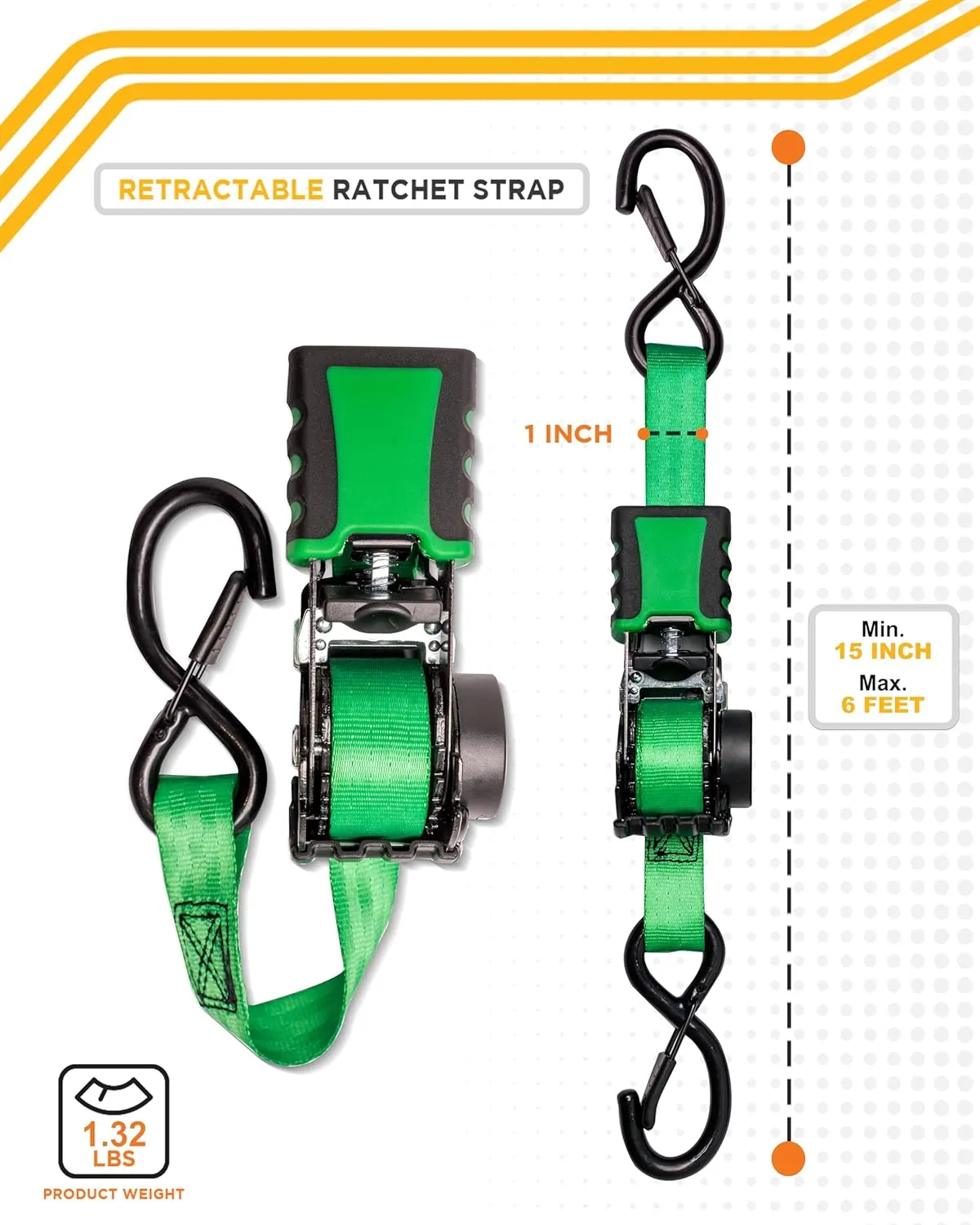 Strapinno 4pcs Retractable Ratchet Straps Bundle 1in x 6ft Ratchet Tie Down with Rubber Coated Steel Handle, S Hooks, Breaking Strength 1500 lbs Each (Green Strap, Black Coated)