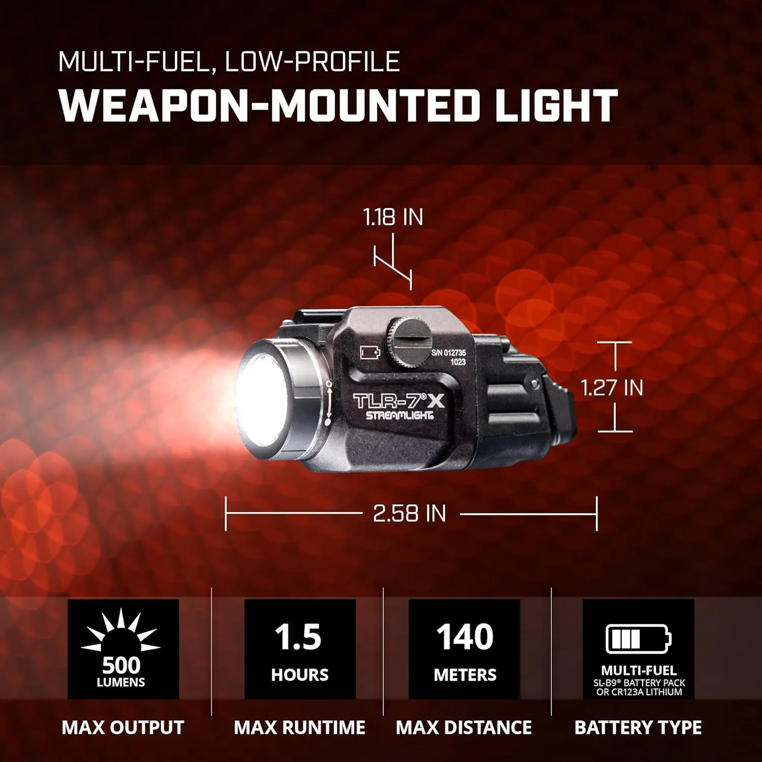 Streamlight 69424 TLR-7 X 500-Lumen Compact Tactical Weapon Light, Includes High, Low Paddle Switches and Key Kit, Black