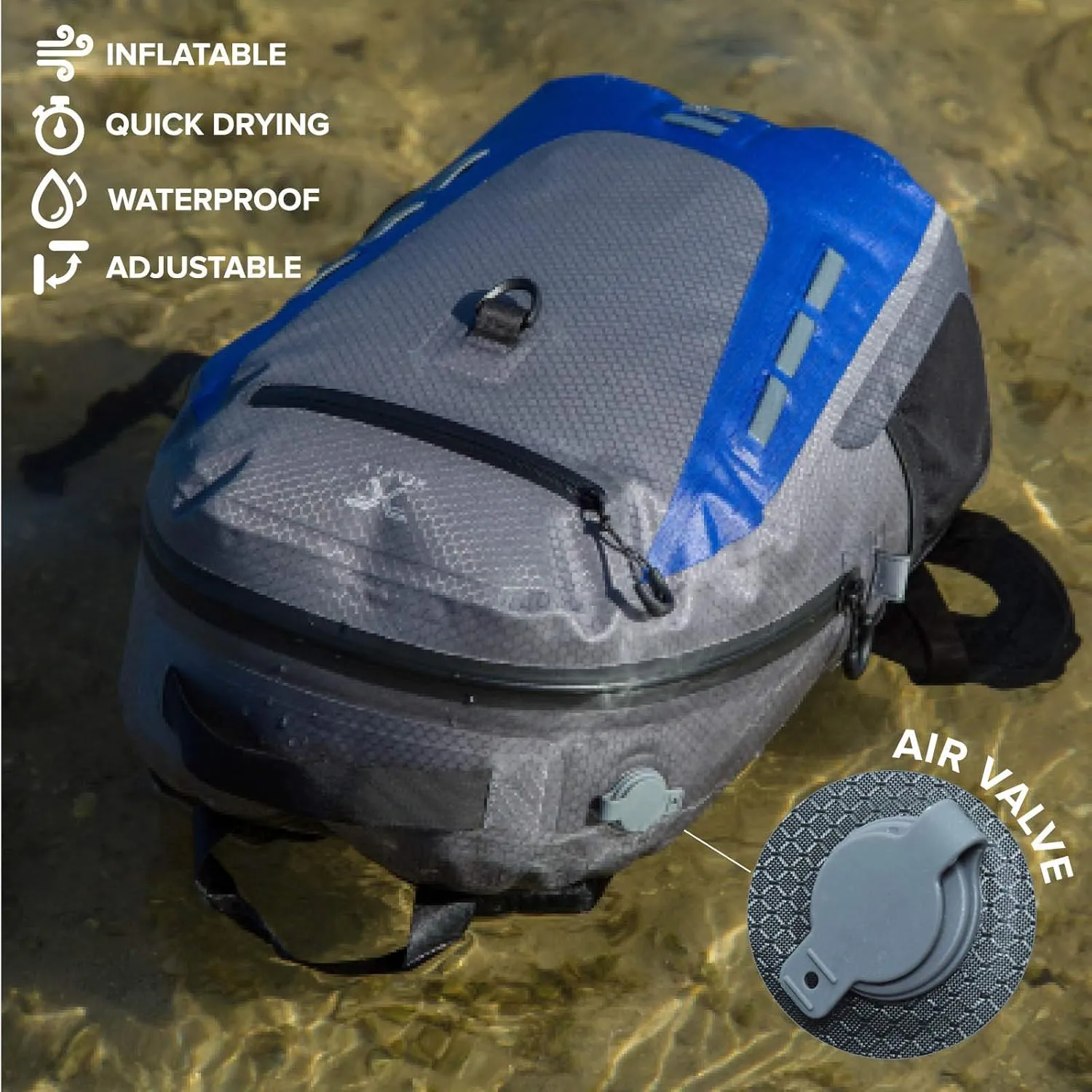 Submersipack Waterproof Backpack - Submersible, Inflatable, Floating TPU Coated Durable Nylon Dry Bag with Airtight Zipper for Kayak, Fishing, Boating, Hiking, Paddle Board (Deep Blue, 25L)