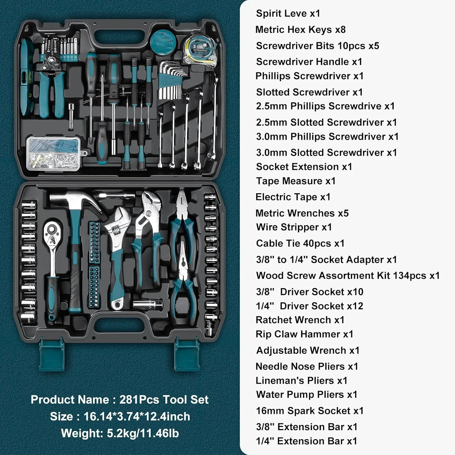 Sundpey Home Tool Kit 281-PCs - Portable Complete Basic Repair General Hand Tool Sets for Men Women - Full Tool Set with Socket Wrench Set & Screwdriver Set & Metric Hex Key & Pliers & Tool Box Case