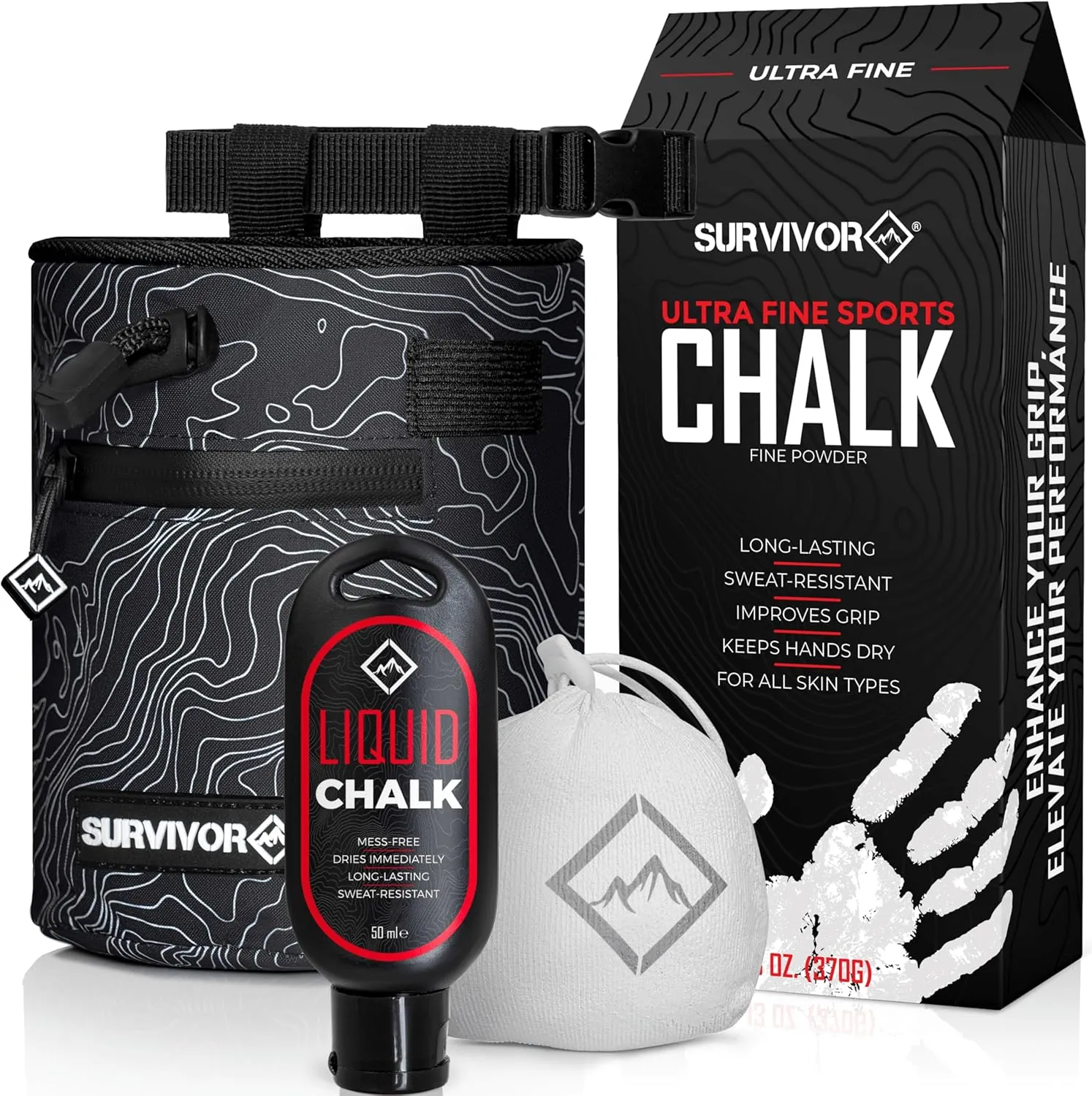 SURVIVOR Chalk Bag   Chalk Ball   Liquid Chalk   370g Ultra Fine Climbing Chalk Powder Bundle