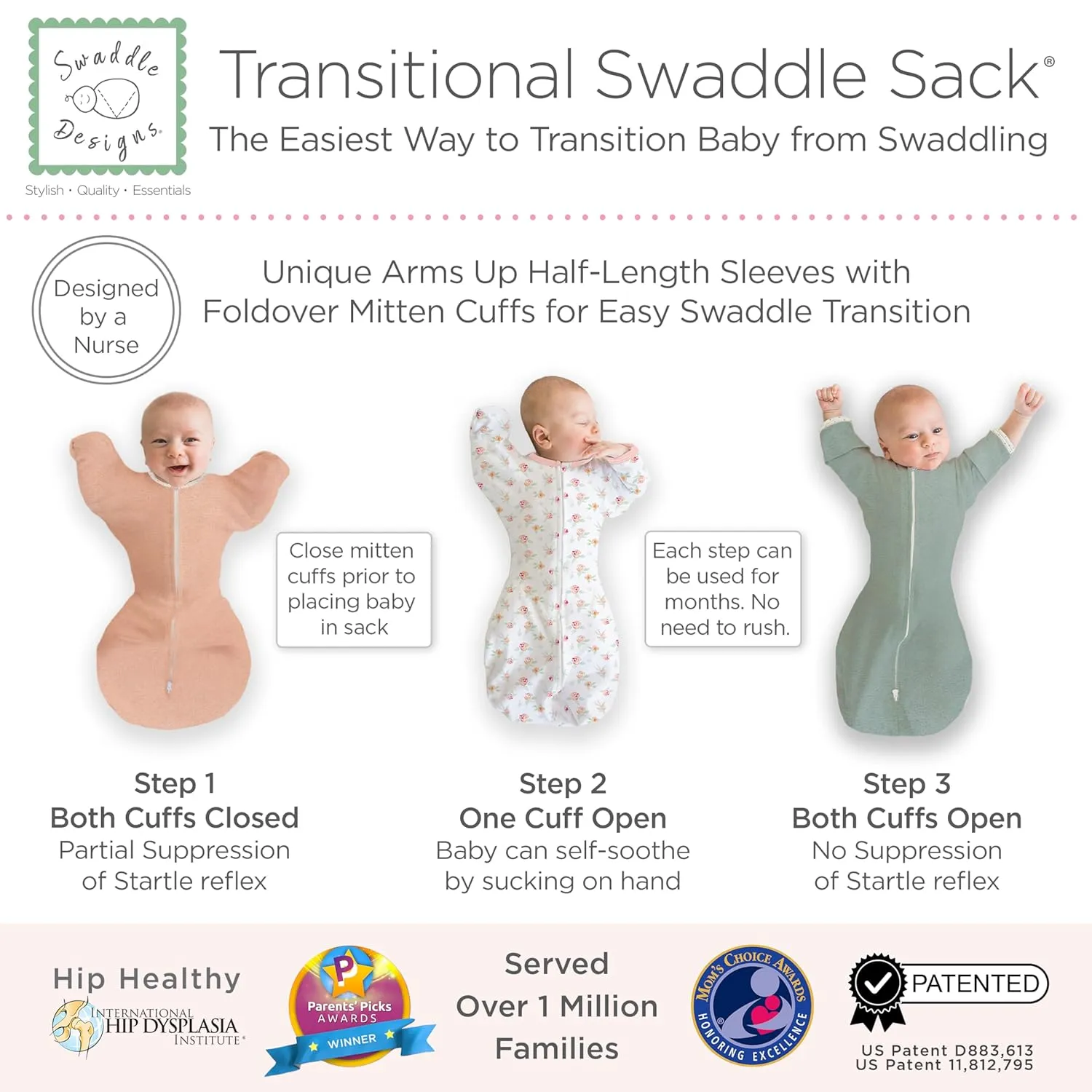 SwaddleDesigns Transitional Swaddle Sack, Arms Up Half-Length Sleeves & Mitten Cuffs, Swaddle for Newborn Transition to Baby Sleep Sack Wearable Blanket, 3-6mo, 14-21 lb, Watercolor Peachy Pink Floral
