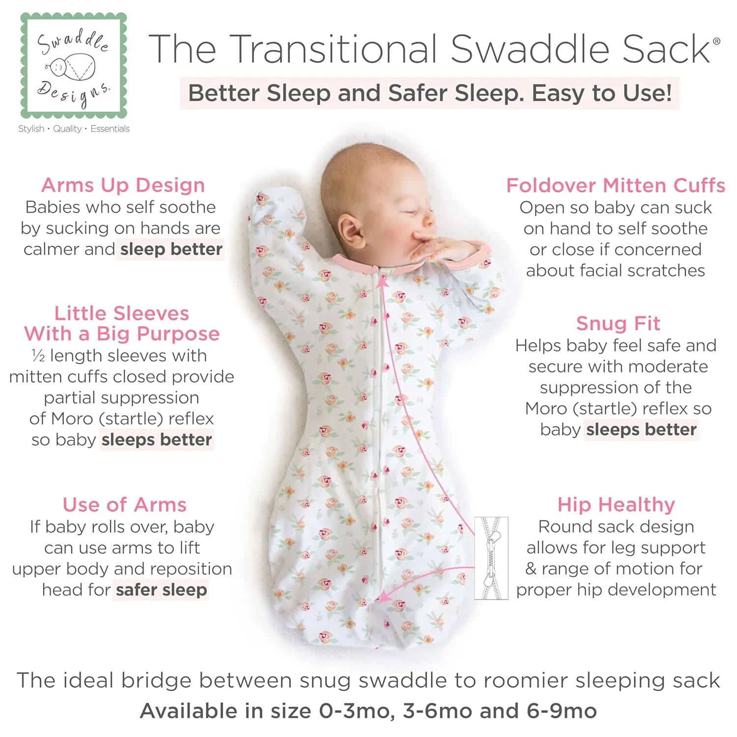 SwaddleDesigns Transitional Swaddle Sack, Arms Up Half-Length Sleeves & Mitten Cuffs, Swaddle for Newborn Transition to Baby Sleep Sack Wearable Blanket, 3-6mo, 14-21 lb, Watercolor Peachy Pink Floral