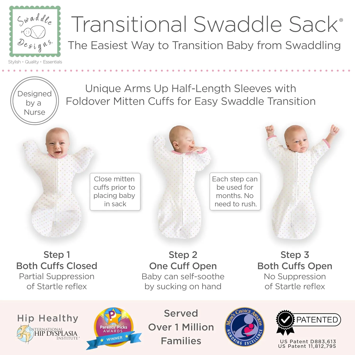 SwaddleDesigns Transitional Swaddle Sack, Arms Up Half-Length Sleeves & Mitten Cuffs, Swaddle for Newborn Transition to Baby Sleep Sack Wearable Blanket, Med, 3-6 month, 14-21 lb, Pink Tiny Triangles