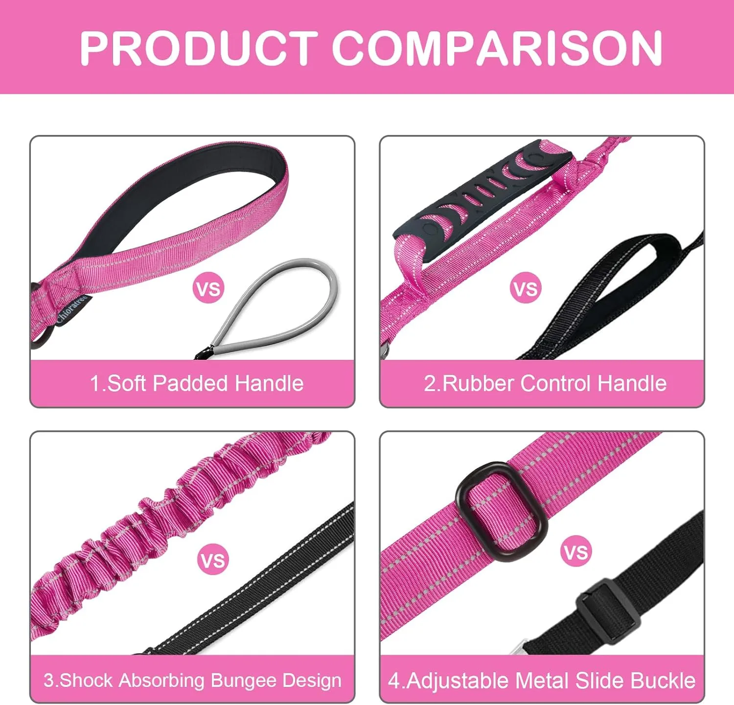 Tactical Dog Leash Heavy Duty, 4-6FT Shock Absorbing Bungee Dog Leash, Reflective Military Strong No Pull Dog Leash with 2 Padded Handle and Car Seatbelt for Medium Large Dogs, Pink