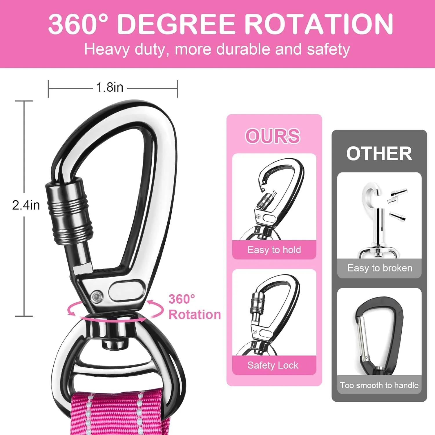 Tactical Dog Leash Heavy Duty, 4-6FT Shock Absorbing Bungee Dog Leash, Reflective Military Strong No Pull Dog Leash with 2 Padded Handle and Car Seatbelt for Medium Large Dogs, Pink