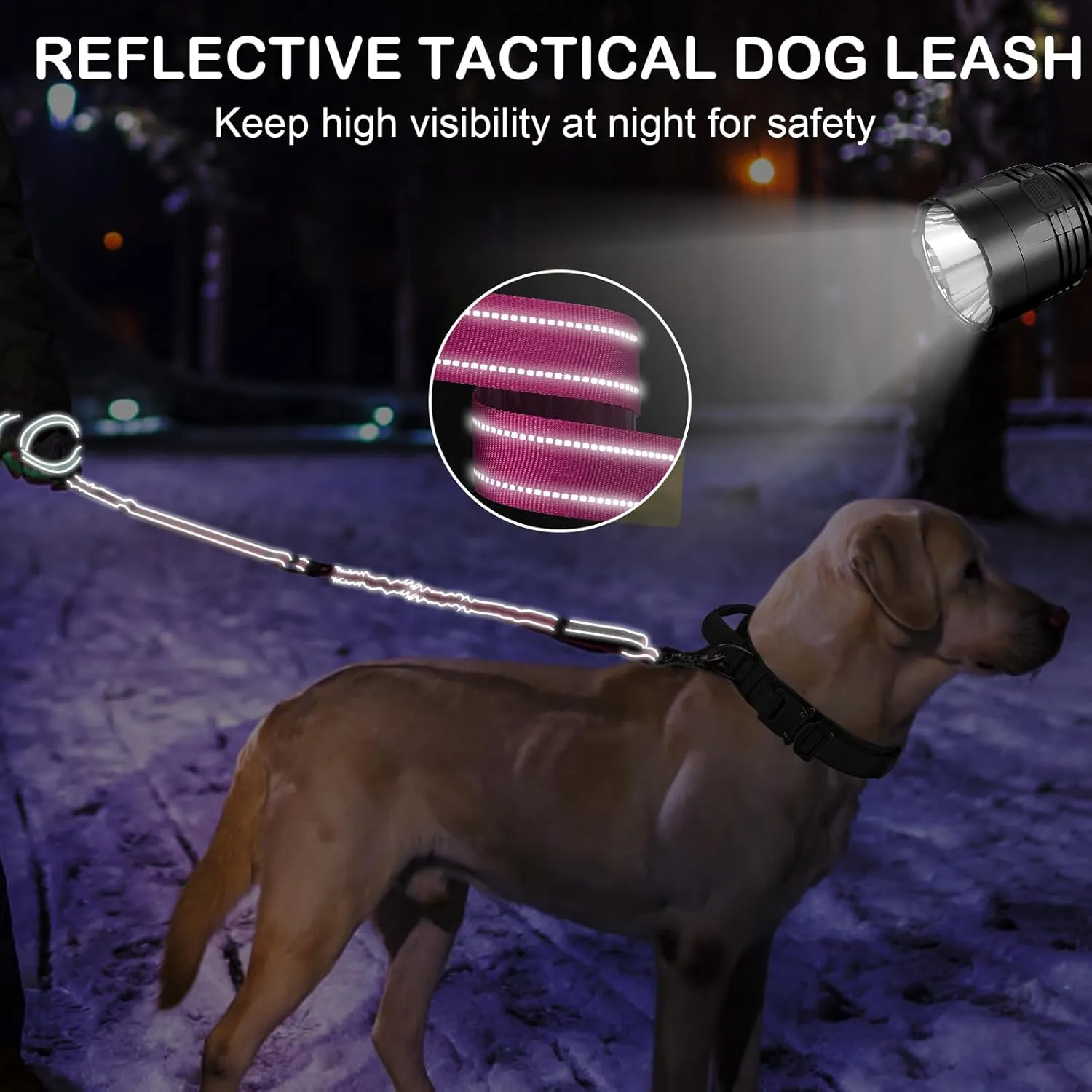 Tactical Dog Leash Heavy Duty, 4-6FT Shock Absorbing Bungee Dog Leash, Reflective Military Strong No Pull Dog Leash with 2 Padded Handle and Car Seatbelt for Medium Large Dogs, Pink