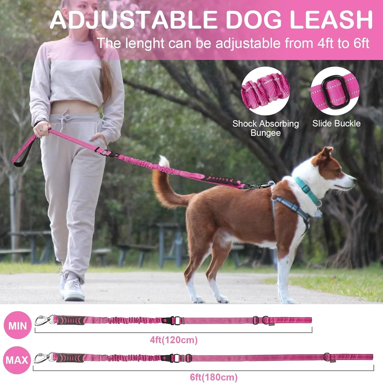 Tactical Dog Leash Heavy Duty, 4-6FT Shock Absorbing Bungee Dog Leash, Reflective Military Strong No Pull Dog Leash with 2 Padded Handle and Car Seatbelt for Medium Large Dogs, Pink
