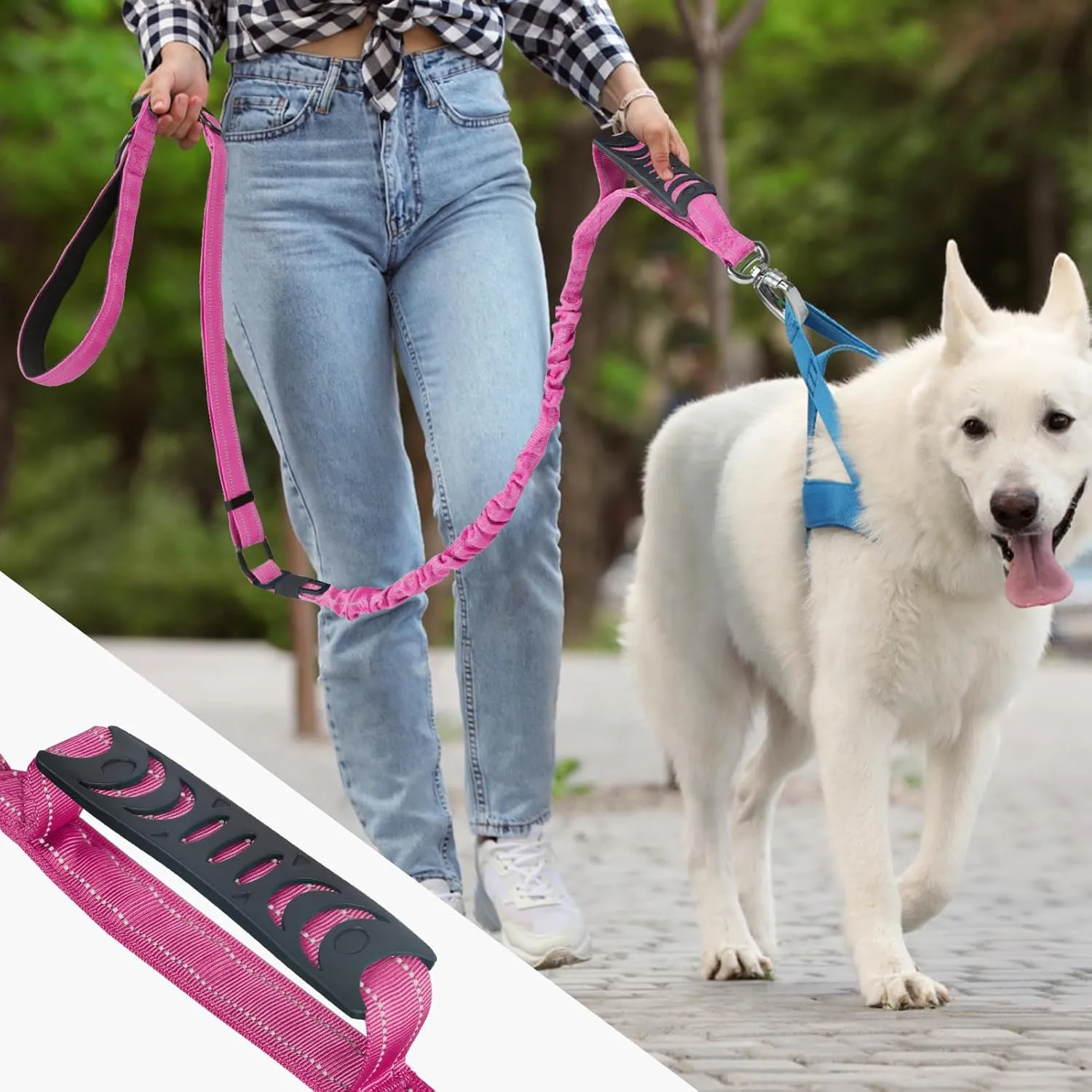 Tactical Dog Leash Heavy Duty, 4-6FT Shock Absorbing Bungee Dog Leash, Reflective Military Strong No Pull Dog Leash with 2 Padded Handle and Car Seatbelt for Medium Large Dogs, Pink